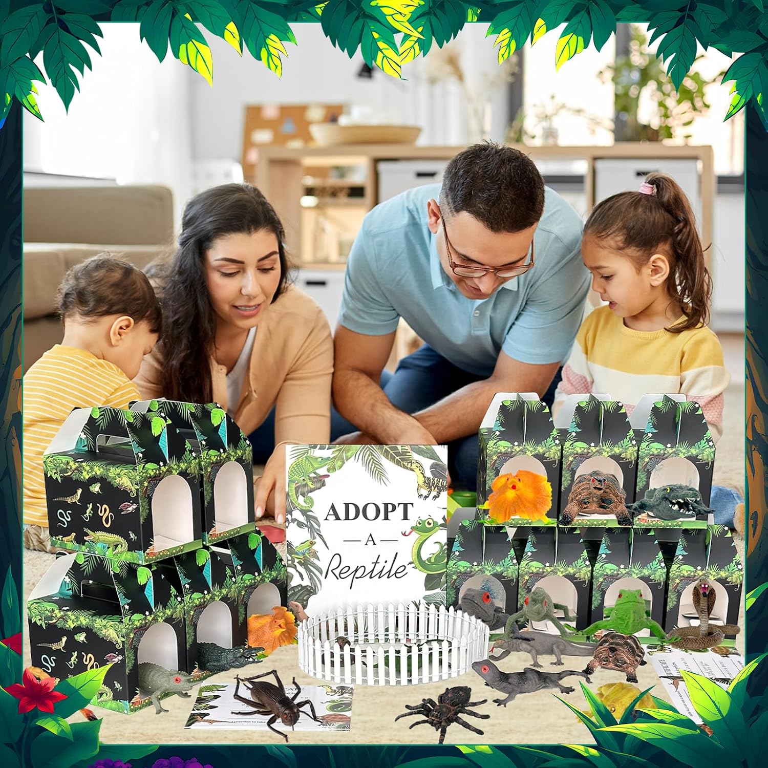 38 Pcs Adopt Reptile Party Favors Include 12 Amphibian Figurines 12 Foldable Boxes 12 Adoption Cards and 1 Sign 1 Fence for Reptile Enthusiasts Adopt an Animal Party Favors