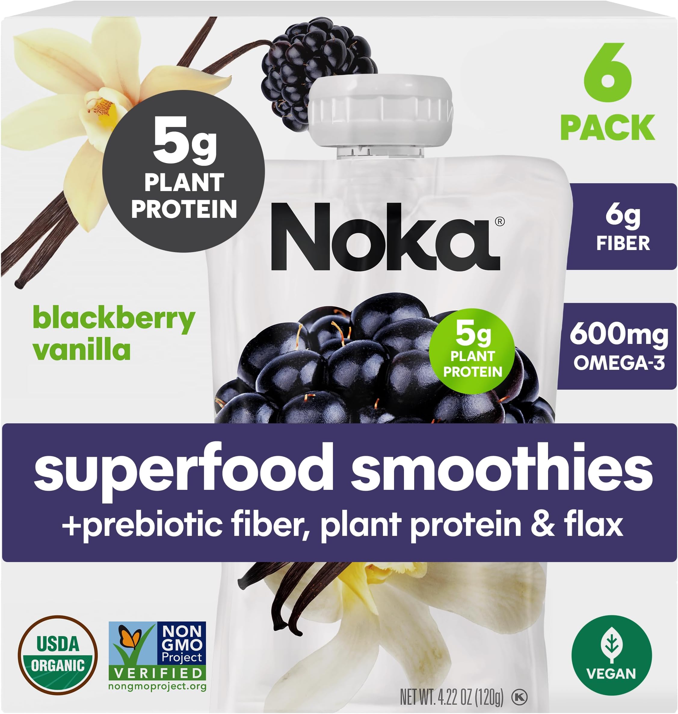 Noka Superfood Fruit Smoothie Pouches, Blackberry Vanilla, Healthy Snacks with Flax Seed, Plant Protein and Prebiotic Fiber, Vegan and Gluten Free Snacks, Organic Squeeze Pouch, 4.22 oz, 6 Count