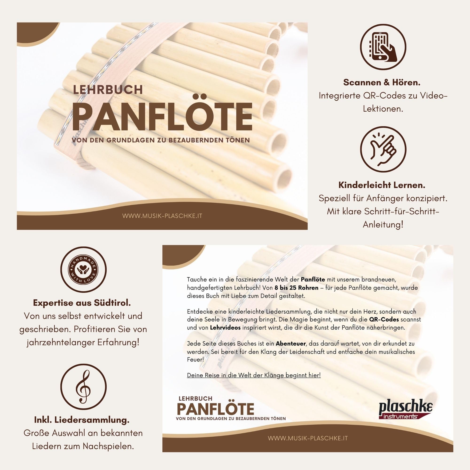 Plaschke Panflöte 20 Rohre in C-Dur – Premium-Set inkl. Lehrbuch – Handarbeit aus Italien – Großer Tonumfang – Für Fortgeschrittene & Musikschüler