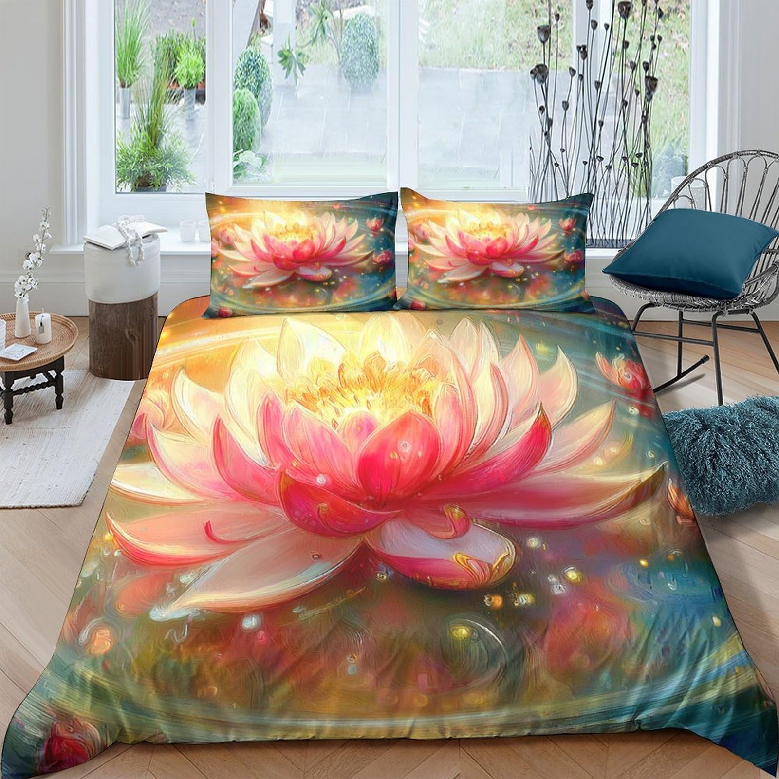 Ctjqhvkz Style-4 3D Printed Watercolor Lotus Fitted Sheet Microfiber Soft Non-Slip Abstract Bloom Mattress Cover Bedroom Decor Single（135X200cm）