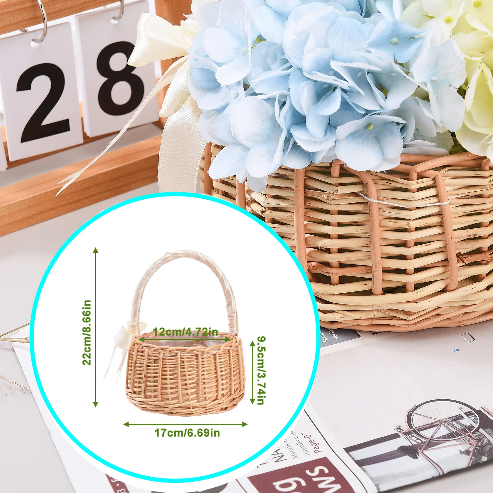 ZCFGUOI - 2 cestini per fiori intrecciati a mano, in rattan, per matrimoni, damigelle, con manici e nastro, per matrimoni, feste di Pasqua