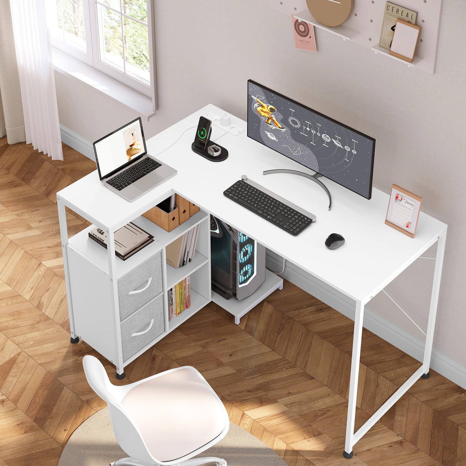 WOLTU Escritorio Esquinero en L con USB Dual, Blanco | 120x80 cm, Estantes Reversibles & Base Cargador