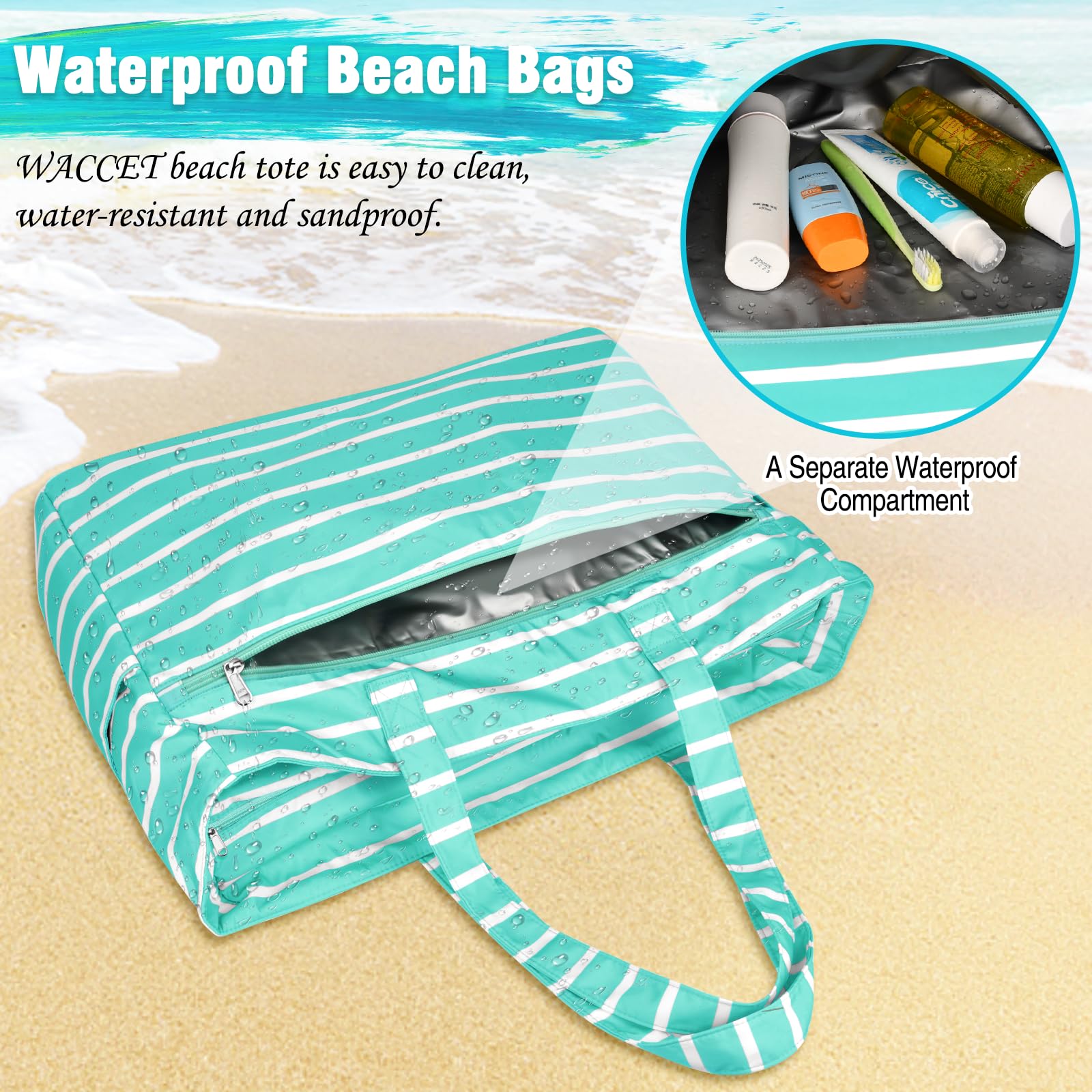 WACCET Borsa Mare Donna Grande, Borsa Spiaggia Donna Impermeabile con Zip Borse Mare Grande XXL Famiglia 50L Pieghevole Leggera Borse Beach Tote Bag per Spiaggia, Viaggio, Vacanza, Piscina