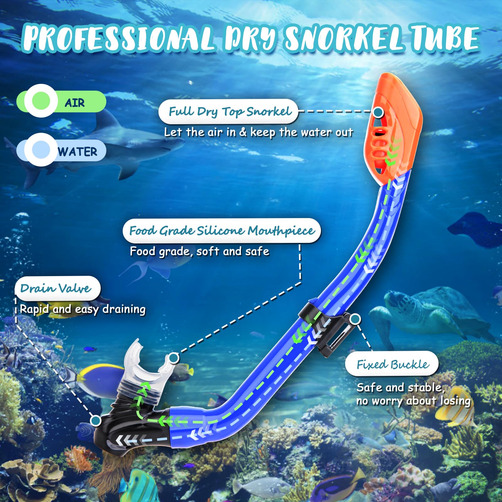 Set da snorkeling 4 in 1 per bambini, vista panoramica, maschera anti-appannamento, pinne Dry Top, con borsa da viaggio, attrezzatura per snorkeling per bambini, nuoto e immersioni