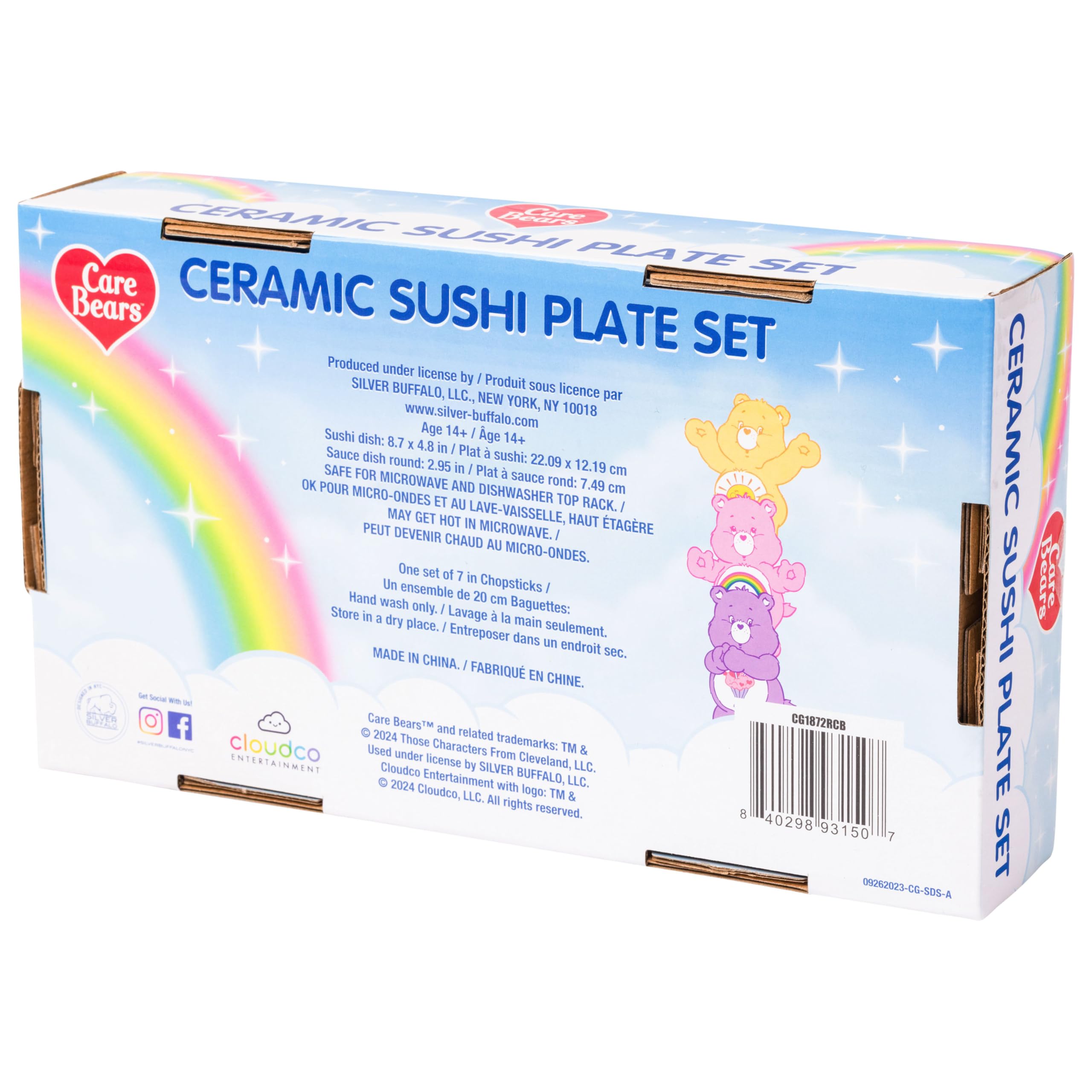 Silver Buffalo Sanrio Kawaii Ceramic Sushi Set with Dipping Sauce Dish and Matching Chopsticks: Care Bears Sushi and Ramen