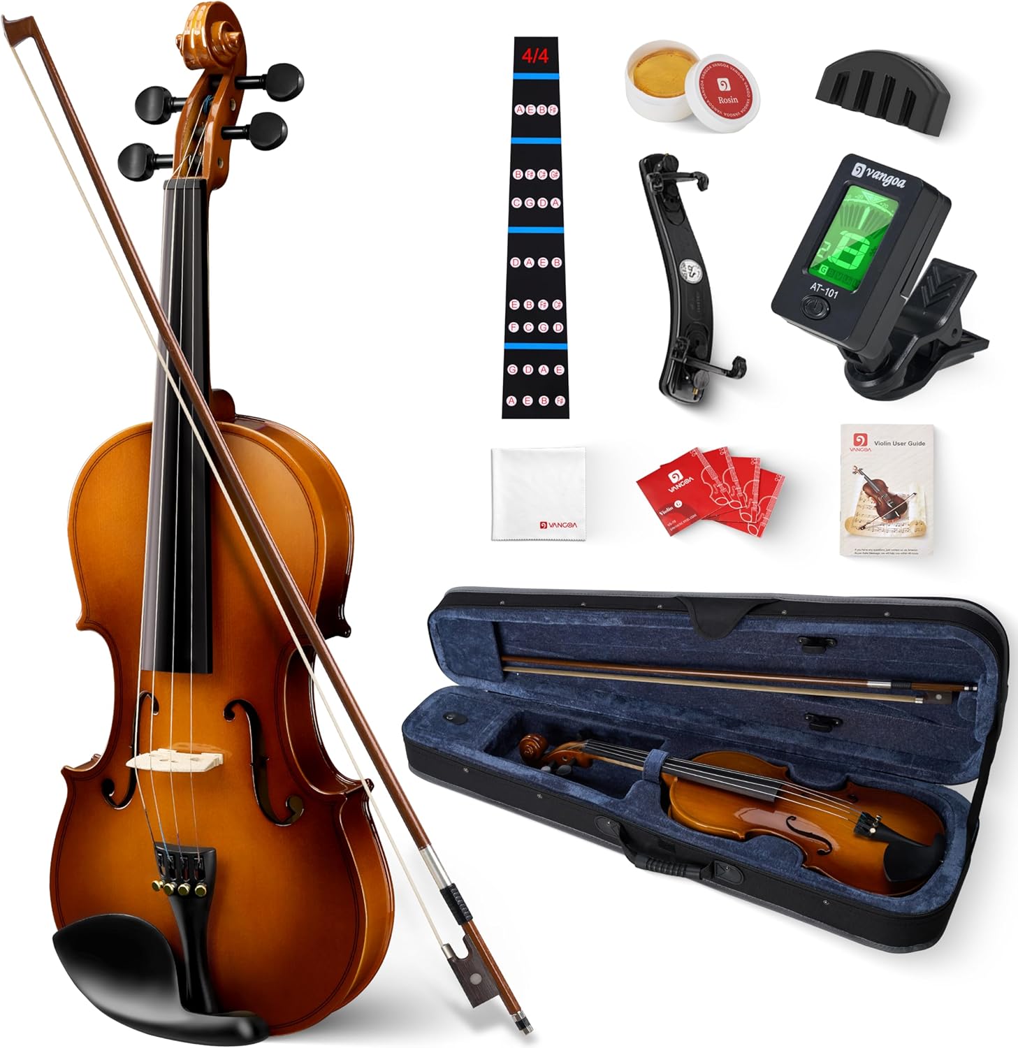 Vangoa Violin 4/4 Full Size Set Fiddle, Handcrafted Starter Acoustic Violins Kit with Solid Wood Side Board, Lightweight Hard Case for Beginners, Teens, Child, Kids Age 12+, Adults, Right Handed 4/4 Gradient Brown & Solid Wood Sides