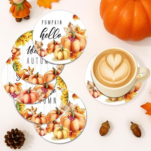 Miniatura 6 de Britimes Juego de 6 posavasos para bebidas, para otoño, Halloween, calabaza, murciélago, caricatura, naranja, absorbente, redonda, con base de