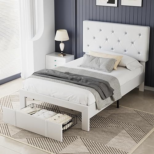Miniatura 90 de VECELO Base de cama de tamaño individual, plataforma tapizada con cabecera ajustable de diamante, soporte de listones de madera, no necesita somier,