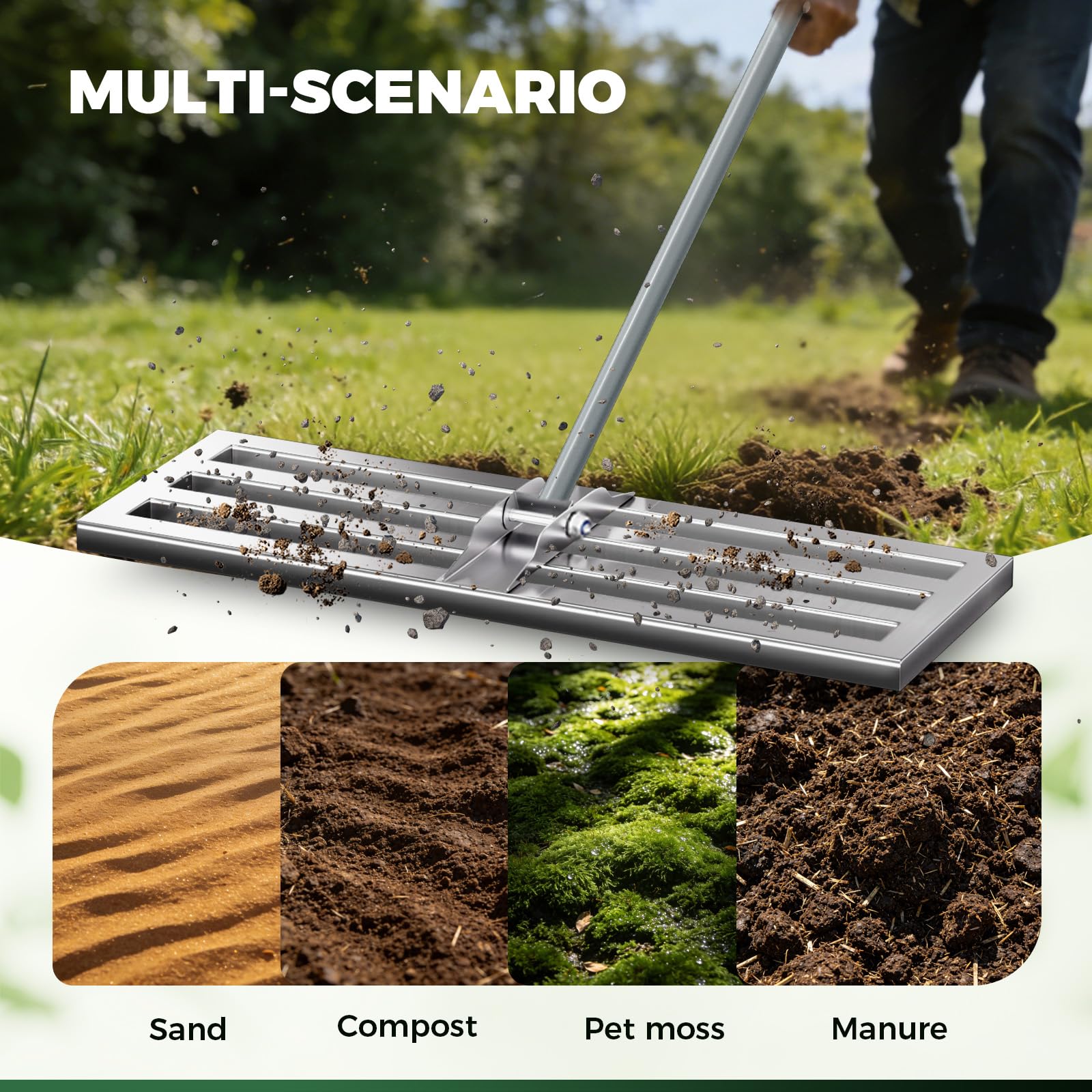 75 x 25 cm rastrillo nivelador de cesped – Base de Acero Inoxidable Completamente Cerrada, Mango Duradero, para el Mantenimiento de césped en Jardines, Campos de Golf, Granjas y Patio