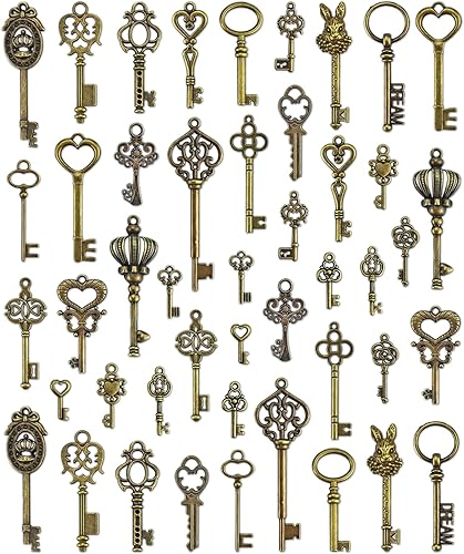 JIALEEY Dijes para llaves de esqueleto vintage, 23 tipos de 46 dijes de bronce antiguo para collares, colgantes, suministros de fabricación de