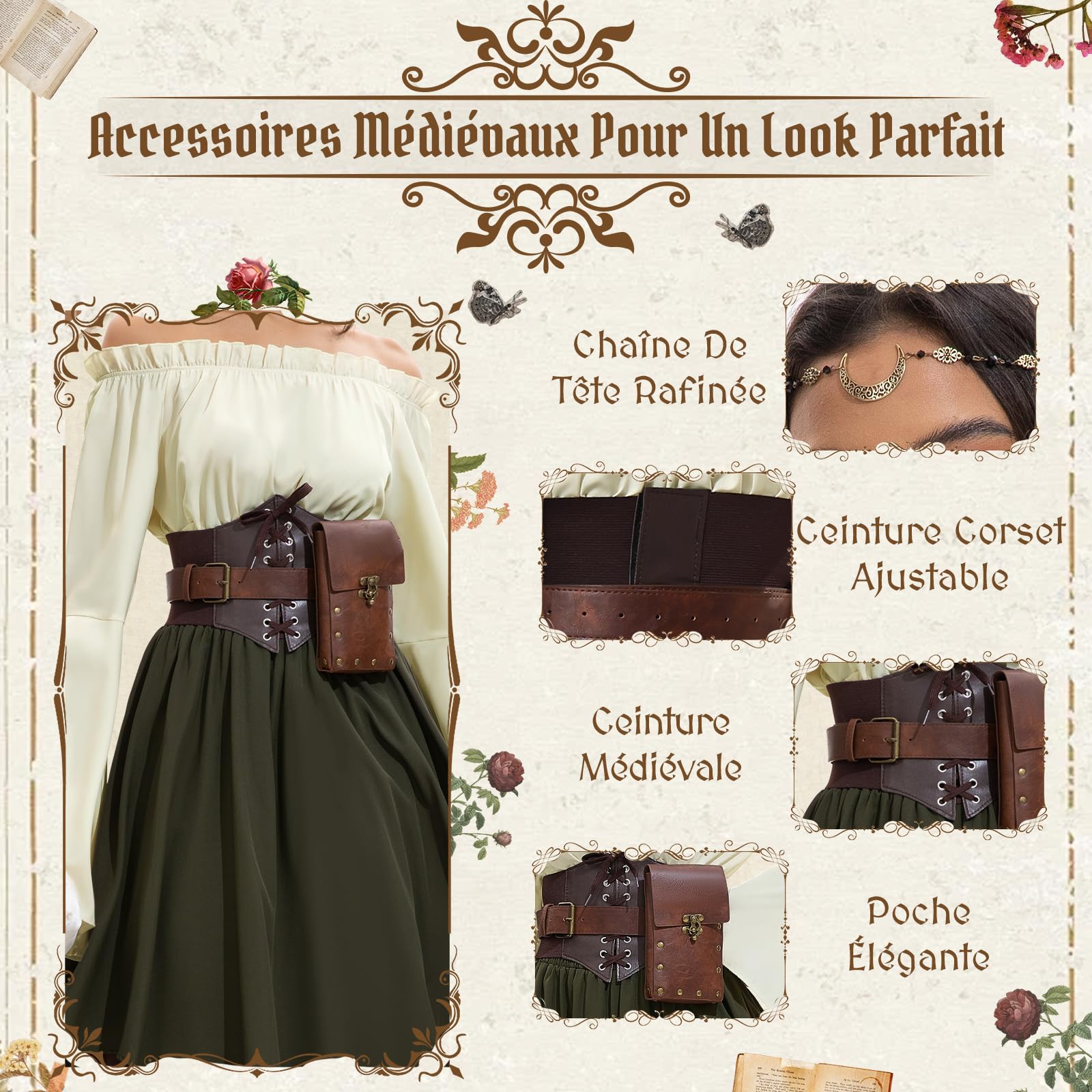 Robe Médiévale Femme, Robe Renaissance Femme avec Corset, Sac Banane, Coiffe, Ceinture, Rétro Renaissance Déguisement Victorienne Flare Manches pour Halloween Carnaval