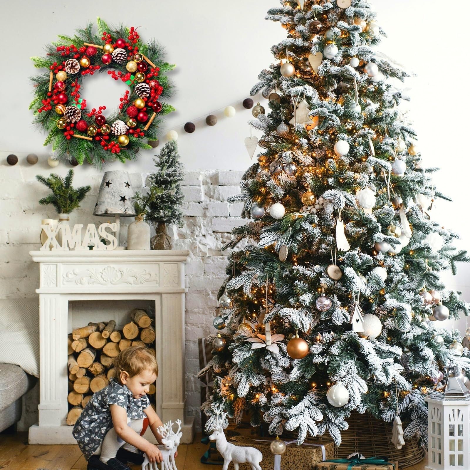 Ghirlanda Natalizia Per Porta Ghirlanda Di Natale Fuori Dalla Porta D'ingresso Ghirlanda Invernale Artificiale Con Palline Di Natale Corona Natalizia Per Porta(40cm)