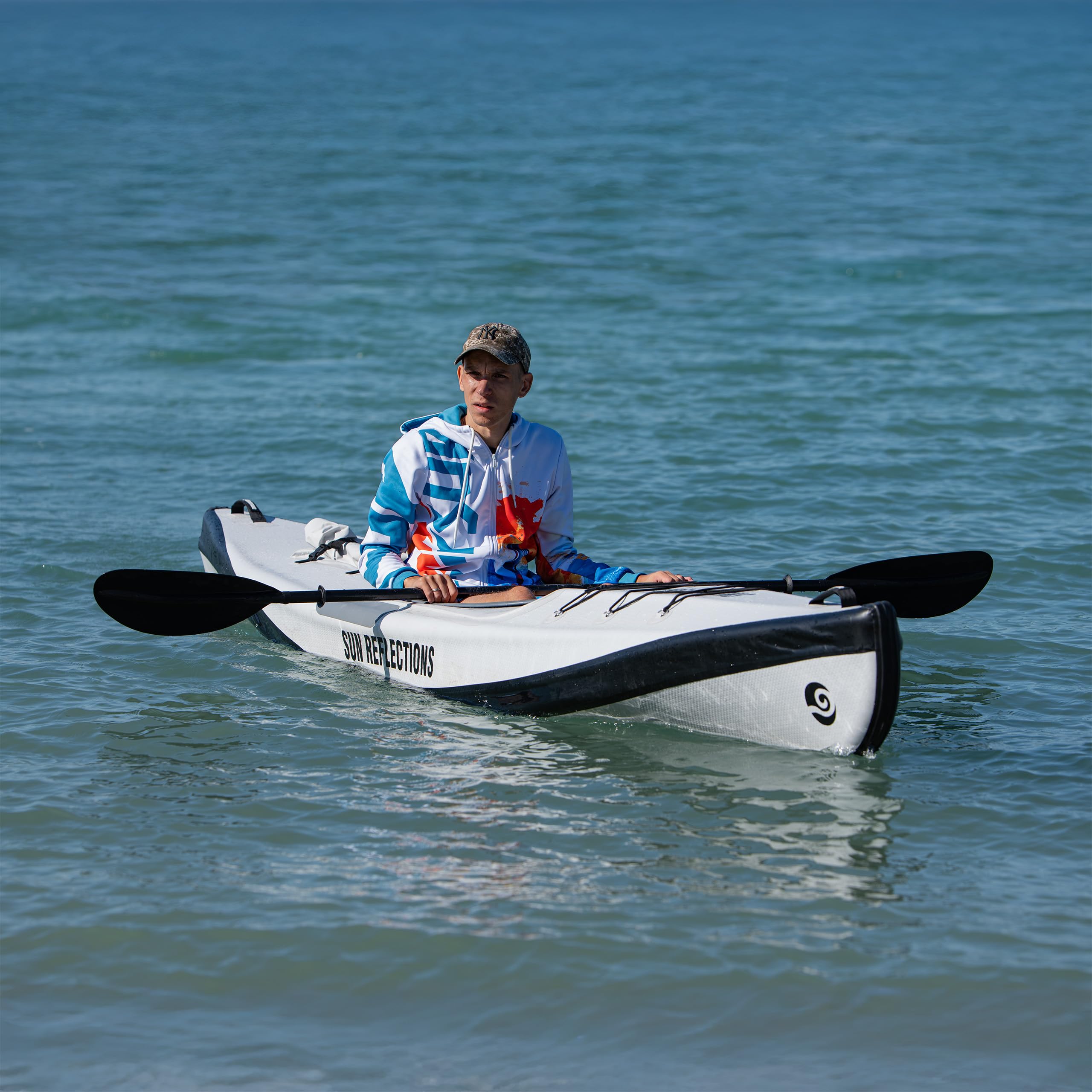 Sun Reflections Full DS Kajak aufblasbar 1 Person, Drop Stitch Touring Kajak mit Sitz und Fußstützen, 397 x 70 cm, bis 120 kg, 15 PSI