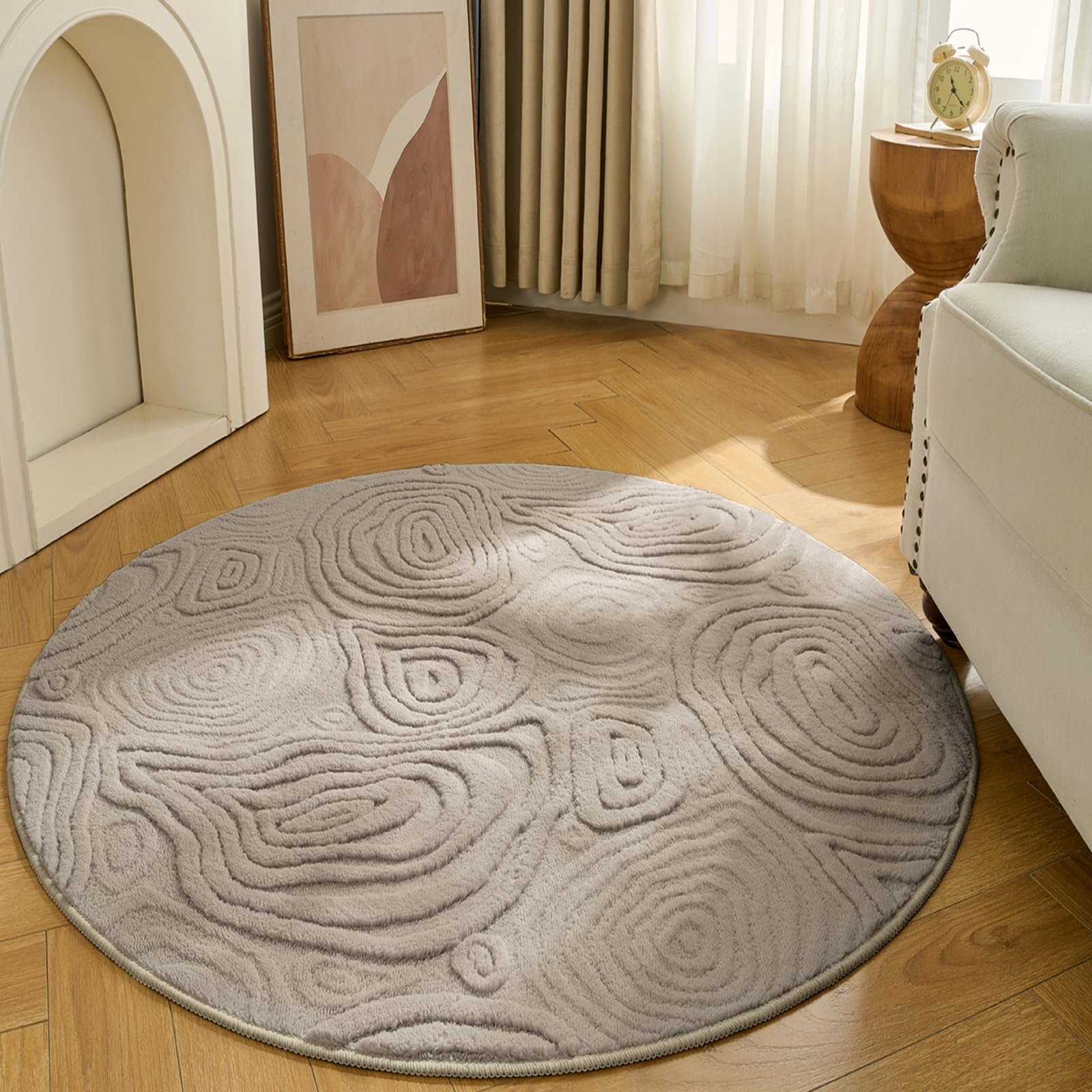 Ceneco 3D Short Pile Round Rug 100cm, Taupe Washable Rugs Living Room, Non-Slip Rugs for Bedroom, Modern Geometric Round Rug Non Shedding, Modern Area Carpet for Kids Beside Lounge Nursery(Taupe) — image 1