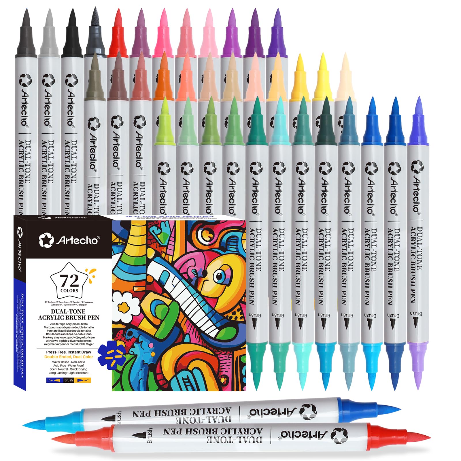 Artecho Rotuladores de pintura acrílica, 36 unidades, 72 colores, marcadores de pintura acrílica de doble tono con punta de pincel de 0.5-5 mm para pintura de roca, calabaza, papel, madera