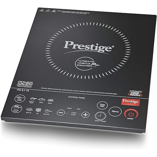 Prestige PIC 6.1 V3 PIC 2200 Watts Induction Cooktop |High Voltage Surge Protection| Automatic Whistle Counter | Feather Touch Buttons | Keep Warm Function |Dual Heat Sensor| Black
