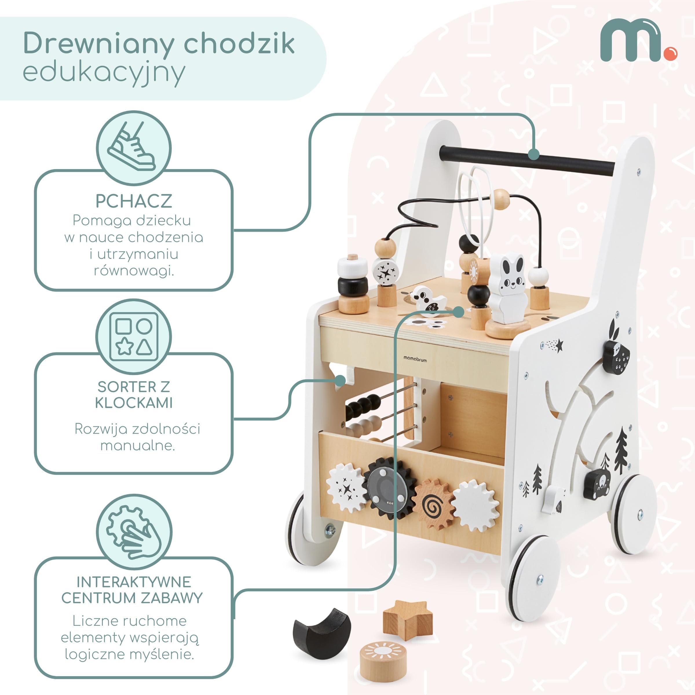 Mamabrum Caminadora y Andador Bebé 6 en 1 - Mesa Educativa de Madera con Ábaco, Engranajes y Juegos - Centro de Actividades para Primeros Pasos - 31 x 28 x 49 cm