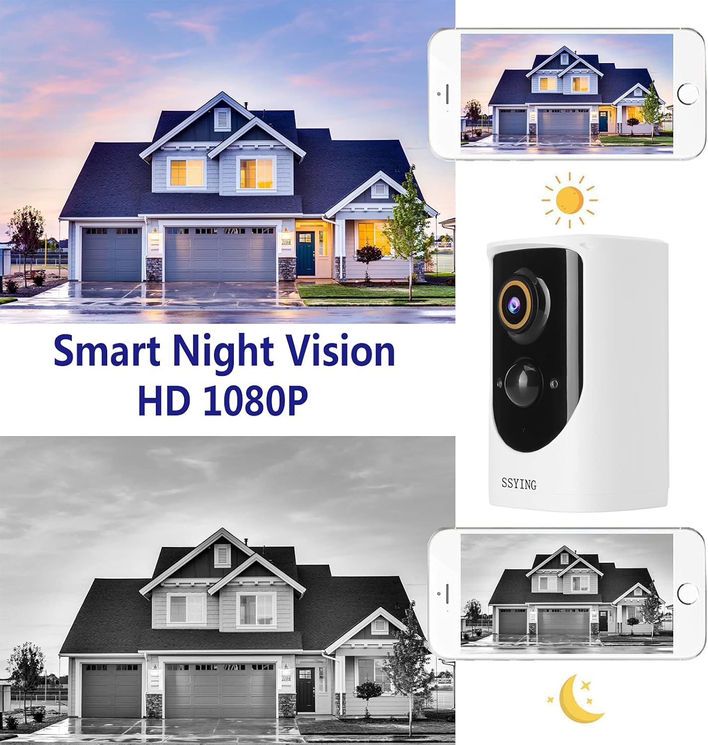 SSYING camera shown in indoor and outdoor settings, highlighting versatile installation.