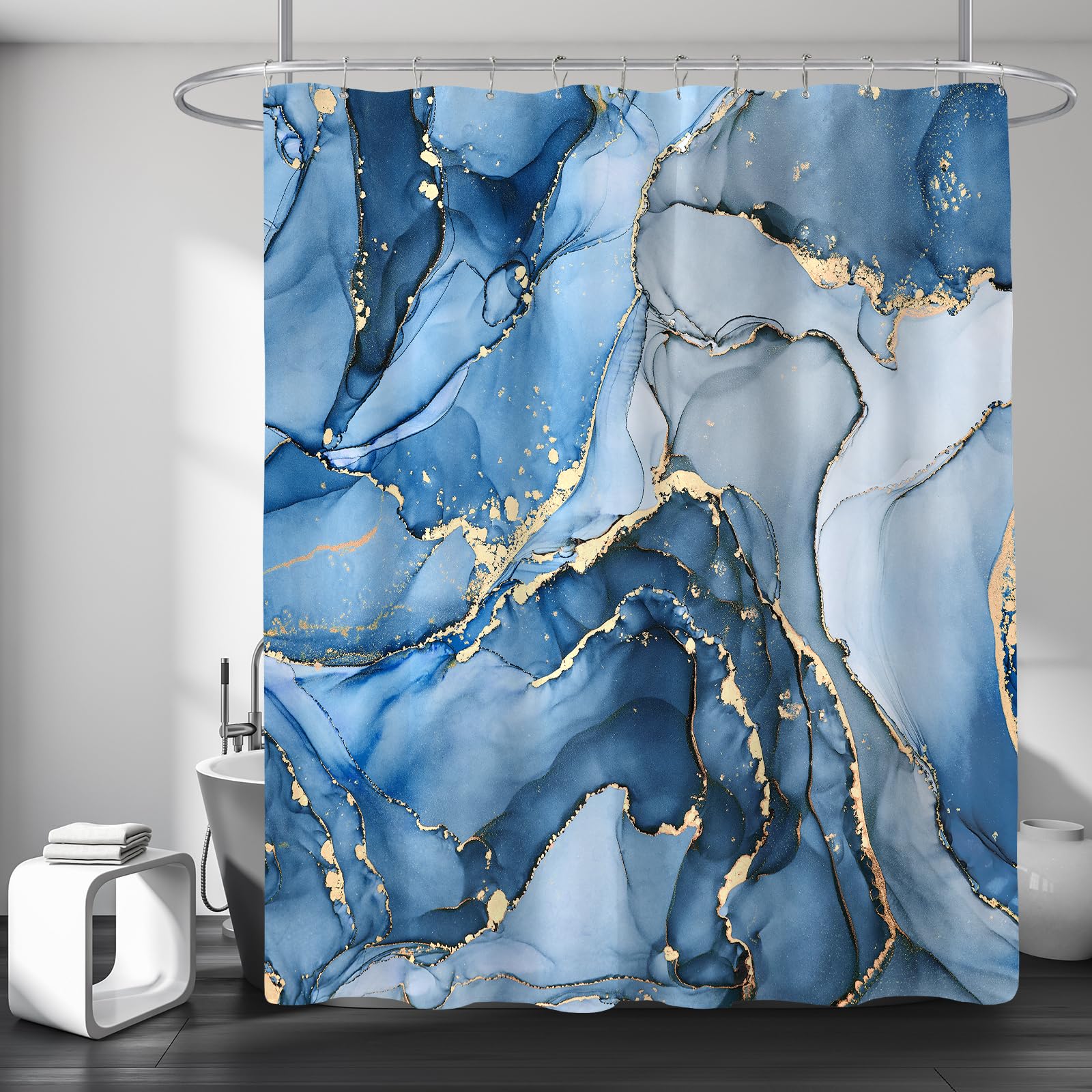 BayNook Blue Marble Shower Curtain, Modern Abstract Fabric Shower Curtain for Bathroom, Luxury Art Decor Blue Gold Ink Texture Watercolor Shower Curtain Set with Hooks 72x72