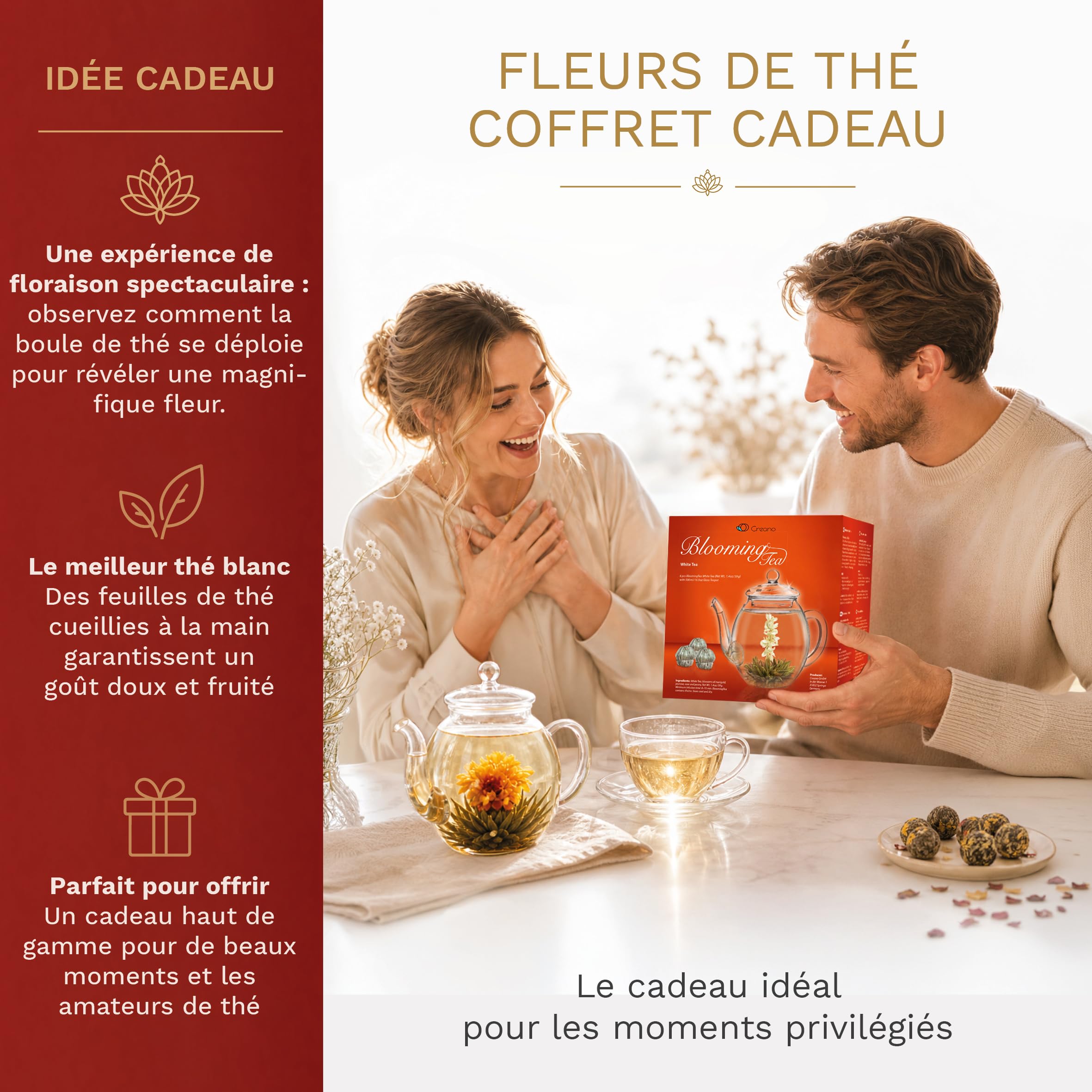 Creano Coffret „Thé en Floraison“ 6 thés de fleurs – Théière en verre 500ml sans goutte – 6 variétés de thé blanc – Idée cadeau exceptionnelle – Verre borosilicate