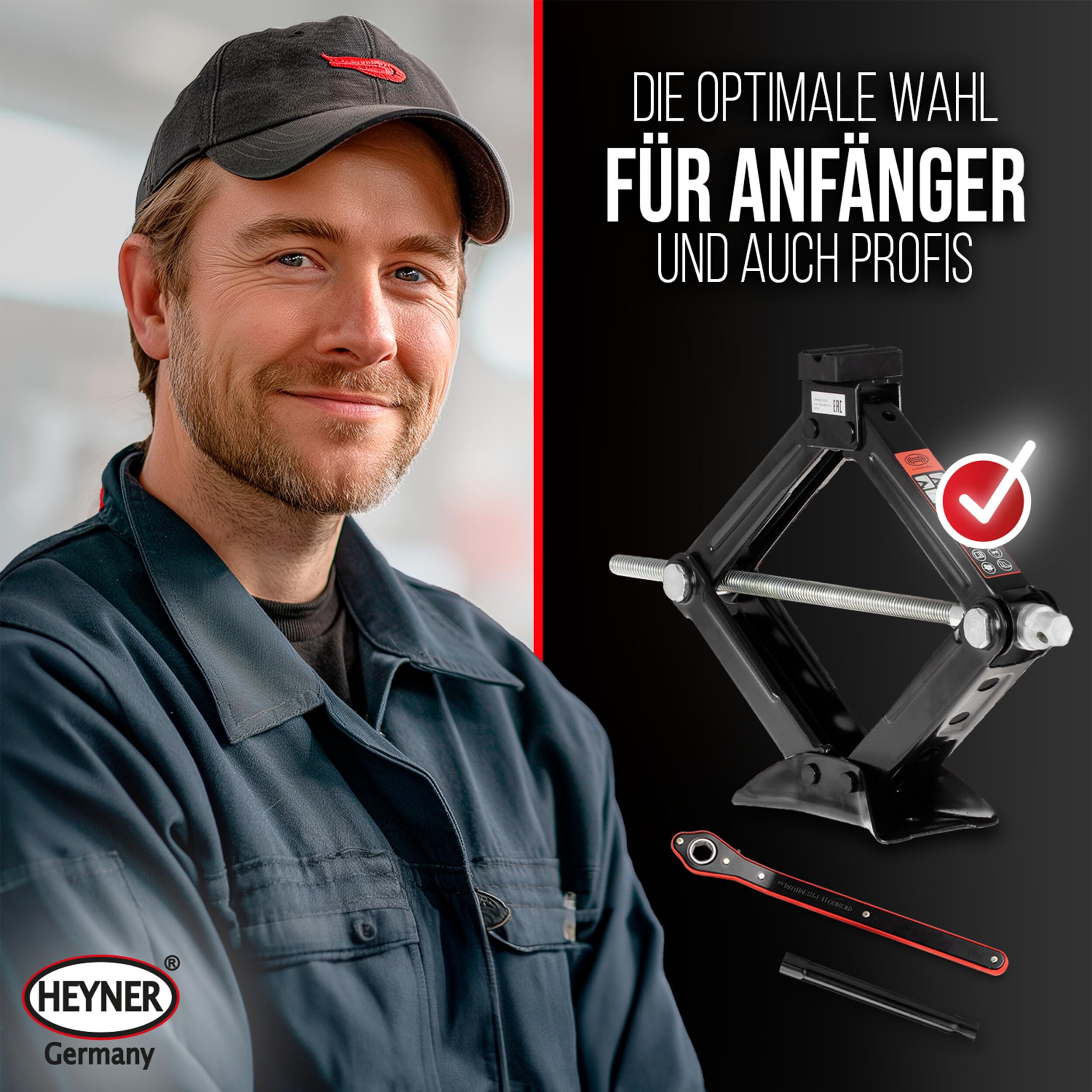 HEYNER® Podnośnik nożycowy 2 t do VW Transporter T6 (2015, FL 2019) – gumowa podkładka obracająca się o 360° z metalowym rdzeniem o grubości 4 mm, skok 98–442 mm, zapadka i korba 17 mm, przedłużka