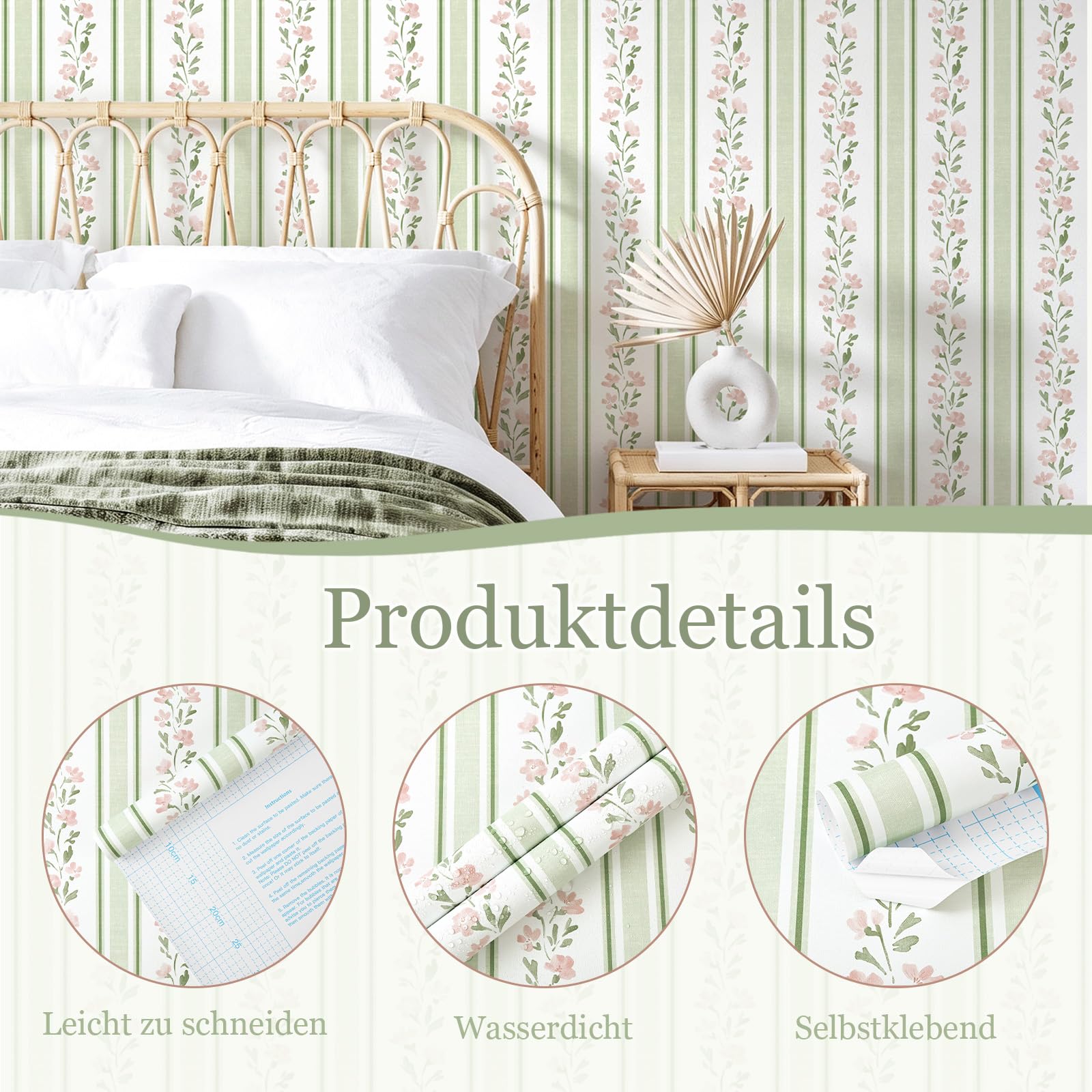Samoprzylepna folia do mebli, tapeta kwiatowa, 44 x 1000 cm, zielona w paski, tapeta samoprzylepna w stylu boho, do mebli, kuchni, pralni, samoprzylepna, wzmocniona, ulepszona jakość