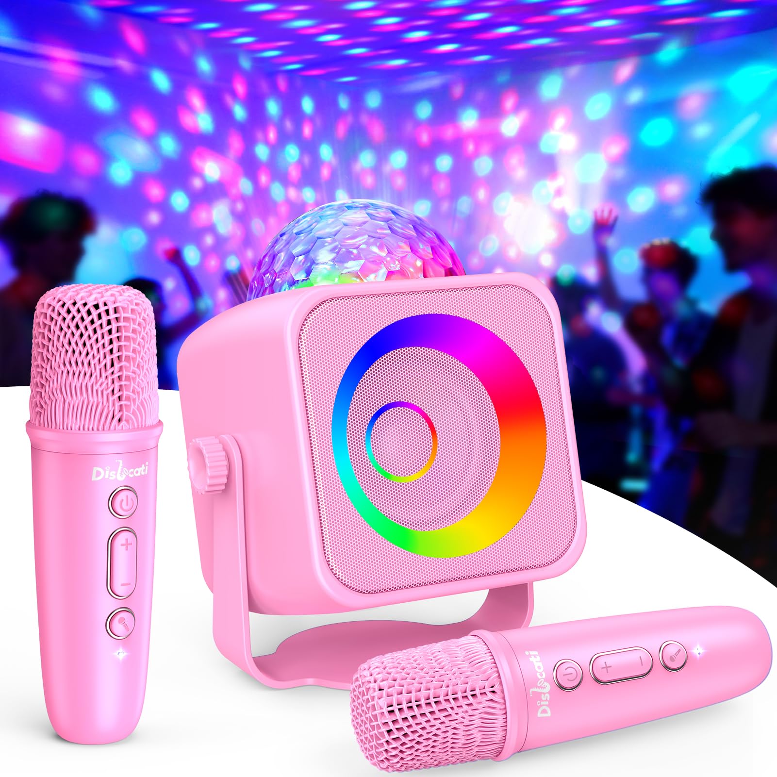 Dislocati Regalo Bambina 3-15 Anni, Karaoke con Microfono Bambini e Adulti Giochi Bambina 3-15 Anni Microfono Bluetooth per Karaoke con Supporto Rimovibile e Luci LED da Discoteca Rosa