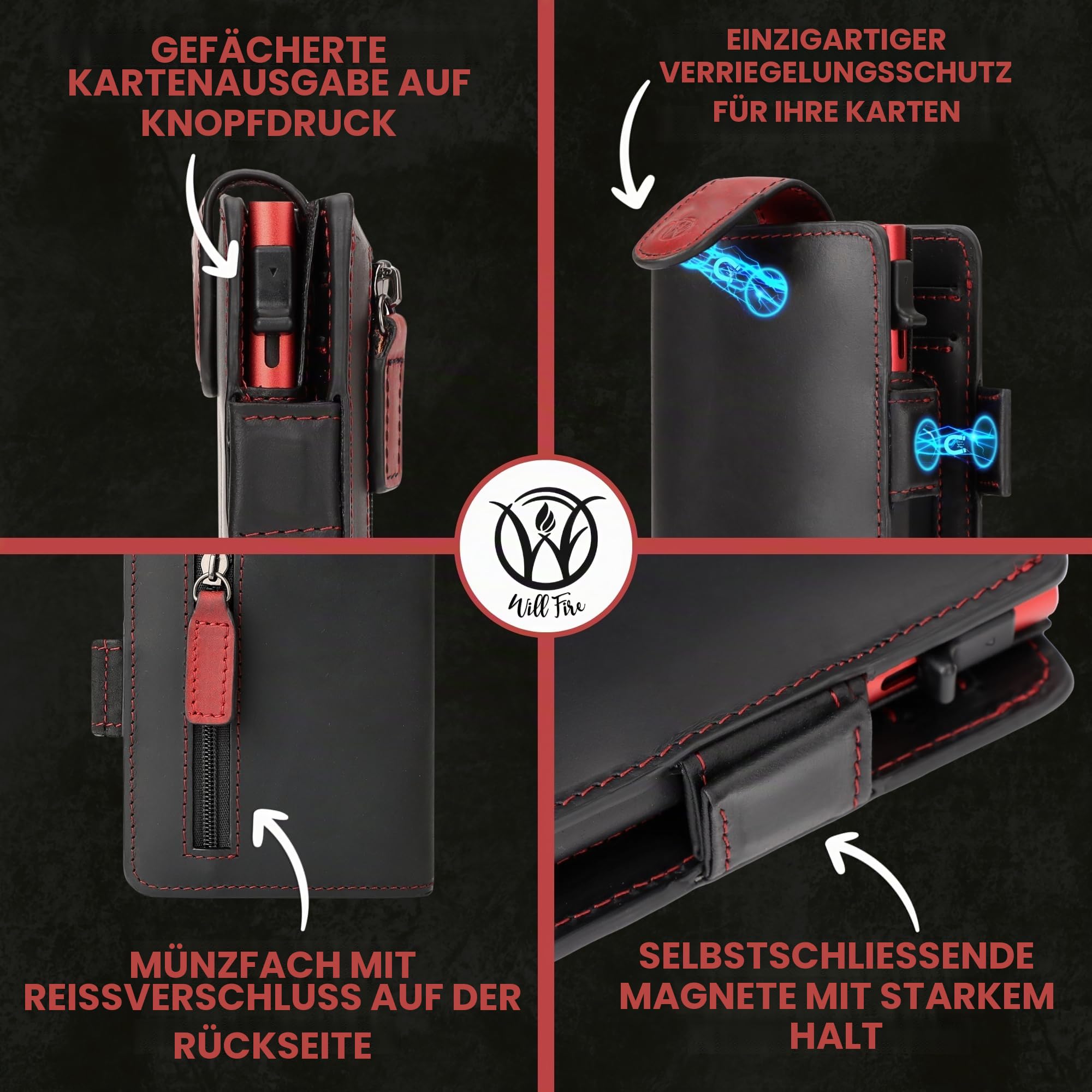 WillFire® MagFlap | Geldbörse Herren | Extra Schlüsselanhänger | Leder Kartenetui für 10-12 Karten | RFID geschützt | Einzigartiger Magnetverschluss | Inkl. Geschenkverpackung (Carbon)