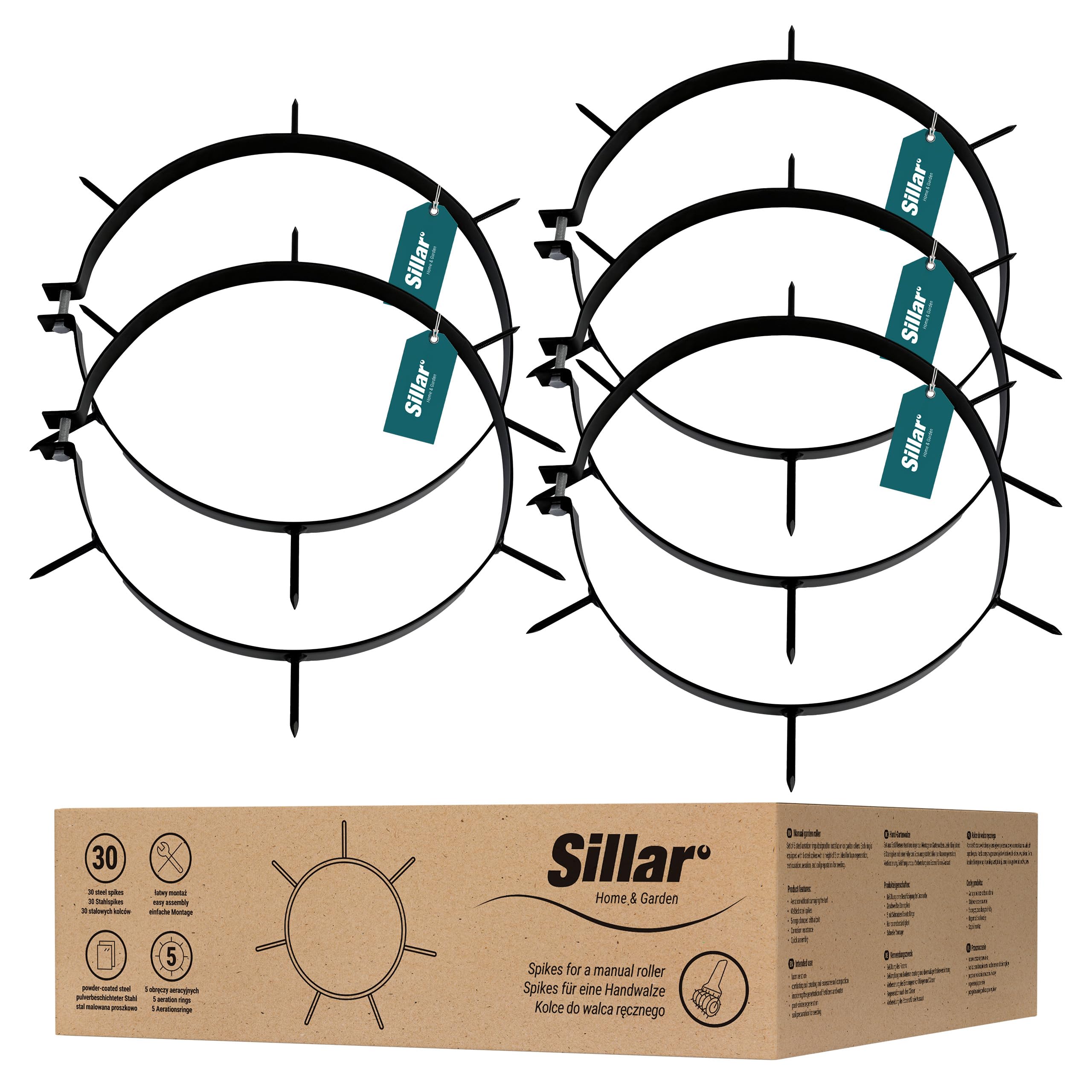 Sillar Anelli Aeratori per Rullo da Prato, 32 cm, Set di 5 Anelli con 30 Punte in Acciaio, Accessorio per Rullo da Giardino, Utensile Manuale per Arieggiare e Rigenerare Il Prato