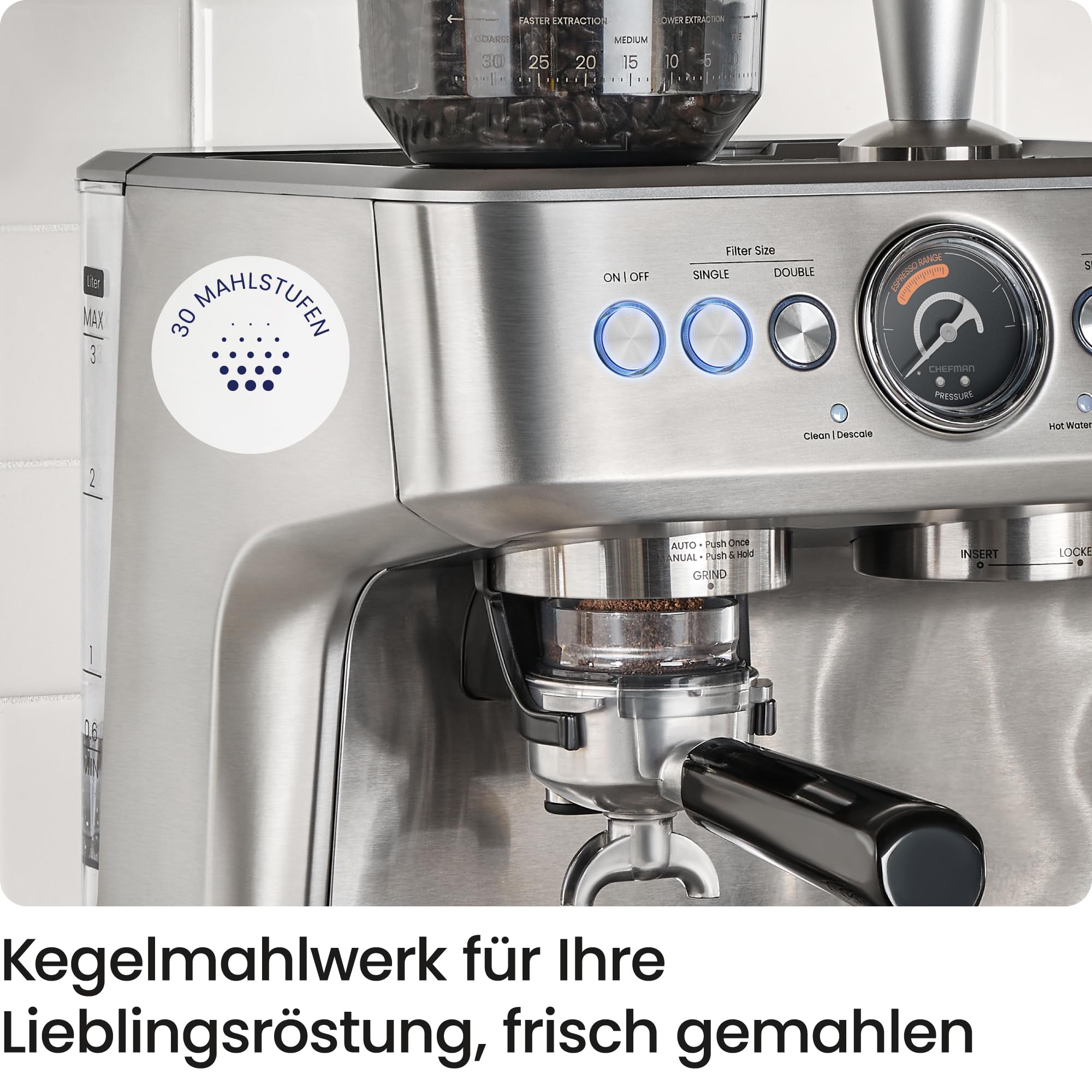 Chefman Crema Supreme 15 Bar Espressomaschine, Kaffeemühle, 30 Mahlgrade | Milchaufschäumer, Barista-Dampfstab, 3L abnehmbarer Wassertank, Edelstahl