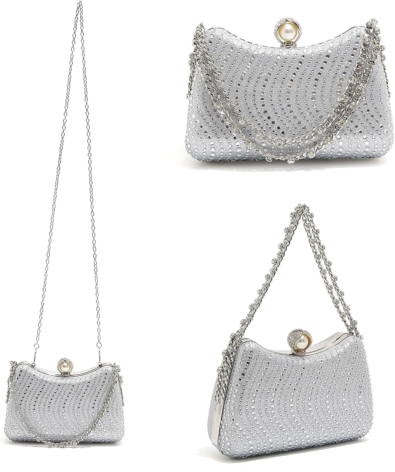 Women's Clutch Crystal Rhinestone Purse With Chain Pearl Clasp Evening Wedding Diamond Handbag