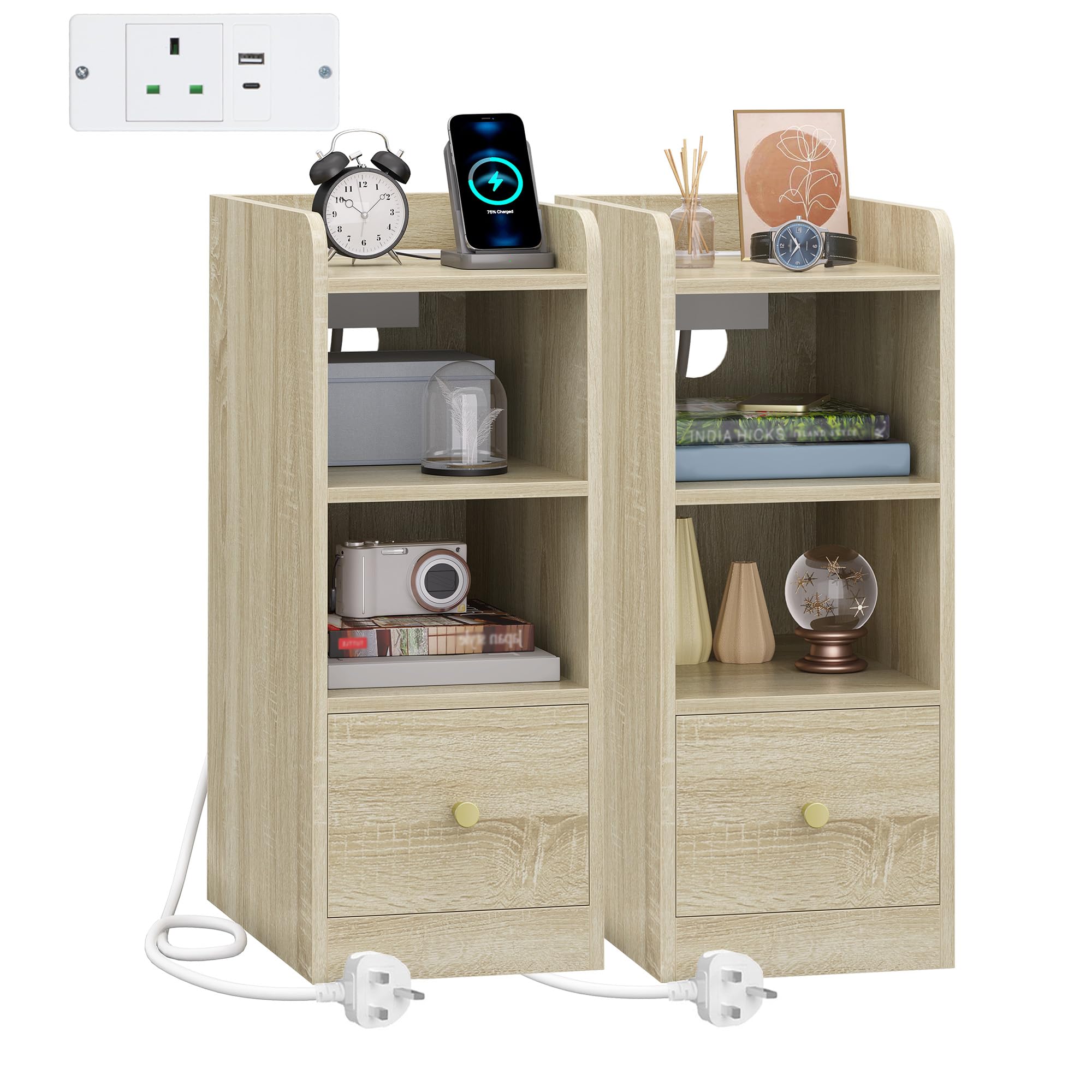 Hzuaneri Slim Bedside Tables Set of 2 with Charging Station, Narrow Bedside Cabinet with Drawer, USB & Type-C Ports, Nightstands with Adjustable Shelves for Bedroom, Living Room, White Oak NS36516X