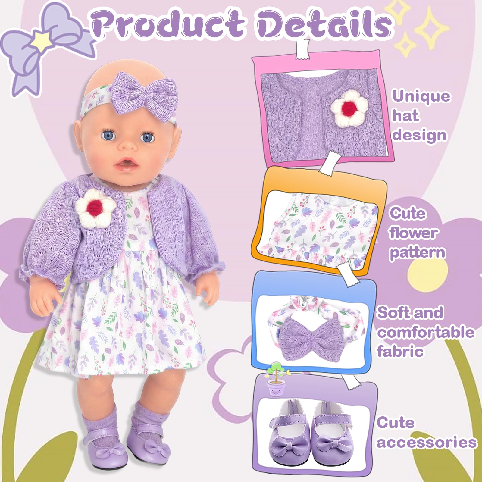 6 sztuk fioletowych ubranek dla lalek niemowlęcych 35-43 cm, słodkie kwiatowe ubranka dla lalek niemowlęcych 14-17 cali, płaszcz, sukienka, opaska na głowę, skarpetki, buty, wieszak na ubrania