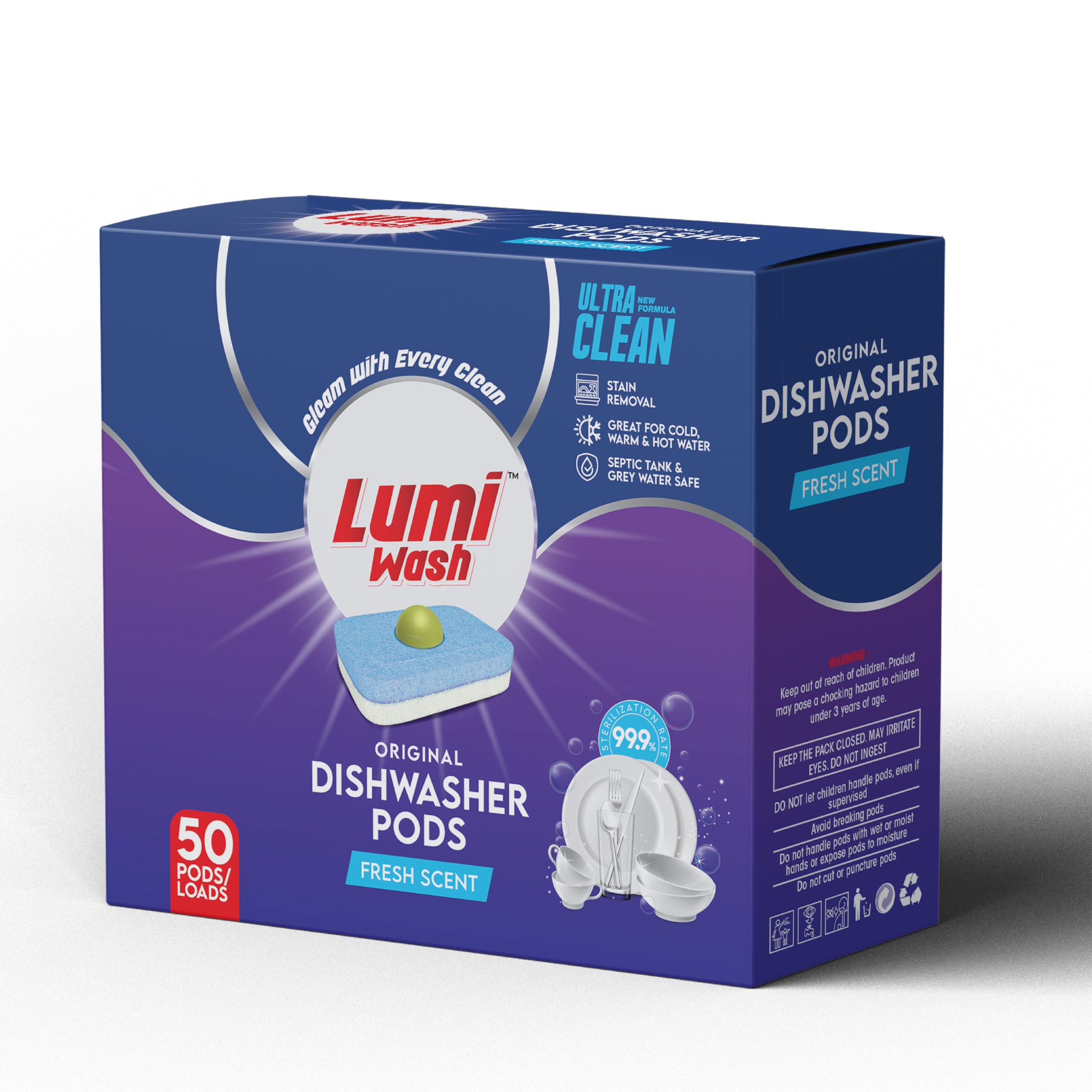 Lumi Wash Dishwasher Pods | Powerful Cleaning for All Dishwashers |Clean and Shine | Works in Cold & Hot Water | Streak-Free Shine | Eco-Friendly & Safe | 50 Pack