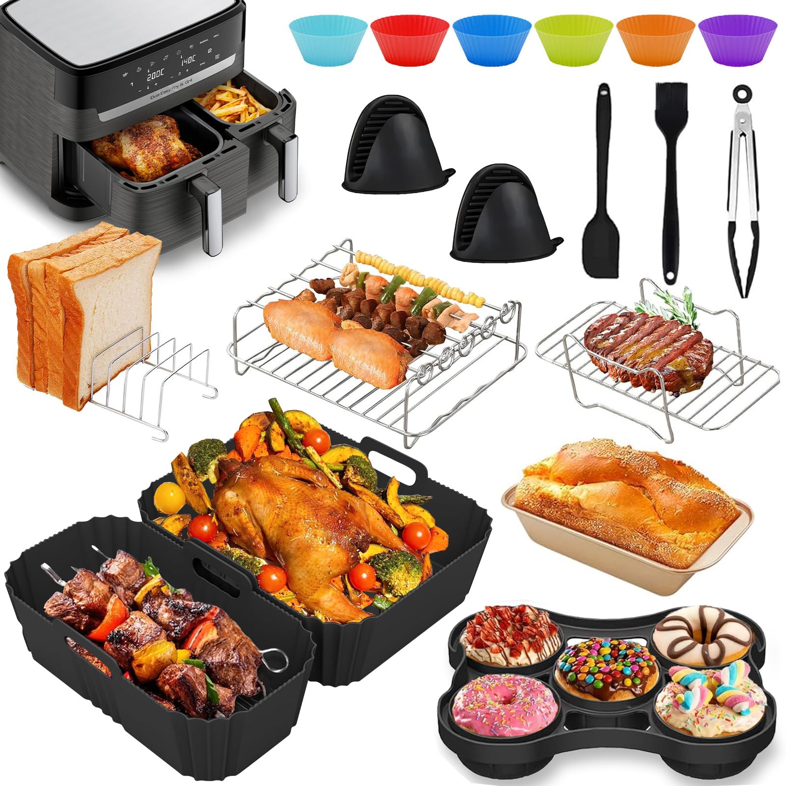 Accesorios para freidoras de aire Ninja - Accesorios para freidoras de aire para Ninja Tefal EY9018 Dual Easy Fry 5.2L / 3.1L, Molde Air Fryer Accesorios, Parrilla, Guantes de Silicona, Etc
