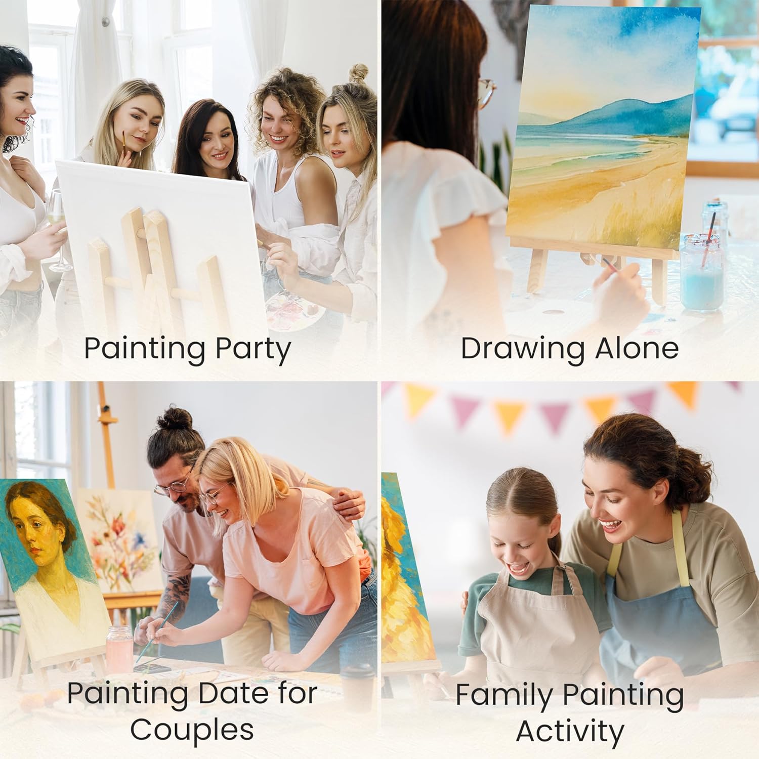 CraftyCrocodile Set of 4 Painting Kits for Adults and Couples - Sip and Paint Kit for Date Night and Crafts - Acrylic Painting Kit with Canvas Boards and Easels - Couple Art Set for Starters