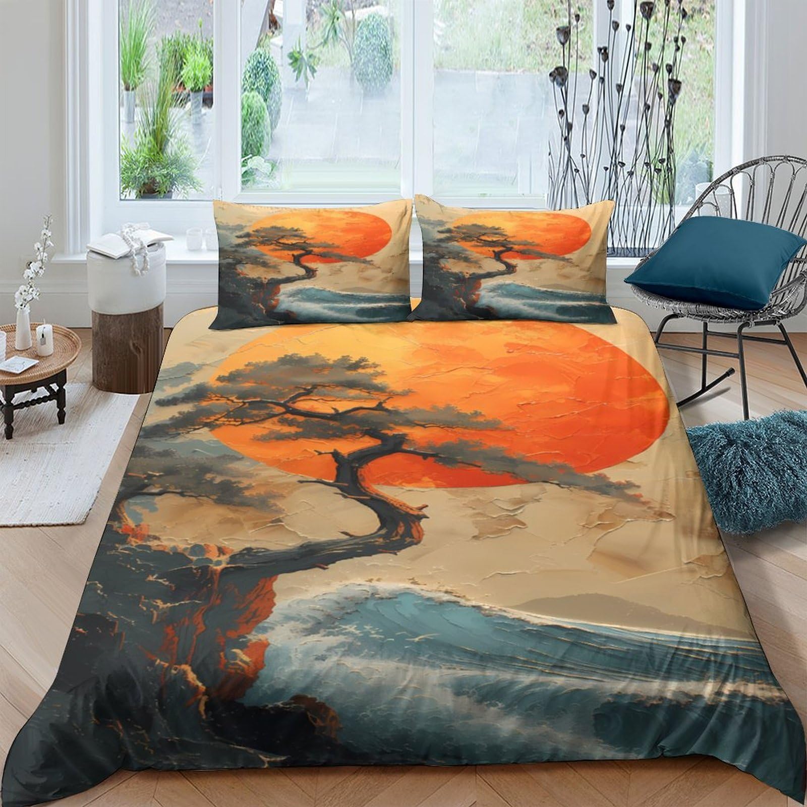 Ctjqhvkz Style-1 3D Printed Sunset Tree Fitted Sheet Microfiber Soft Orange Landscape Bed Cover For Bedroom Living Room Home Decor Single（135X200cm）