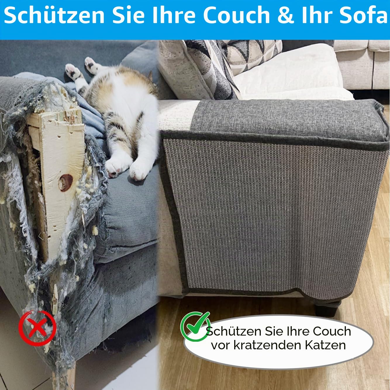 NATUYA Kratzschutz Sofa Katze Möbelschoner von Katzen - Katzenmöbel Schutz,Kann entfernt Werden, ohne das Sofa zu beschädigen (Ganz grau, Rechts)