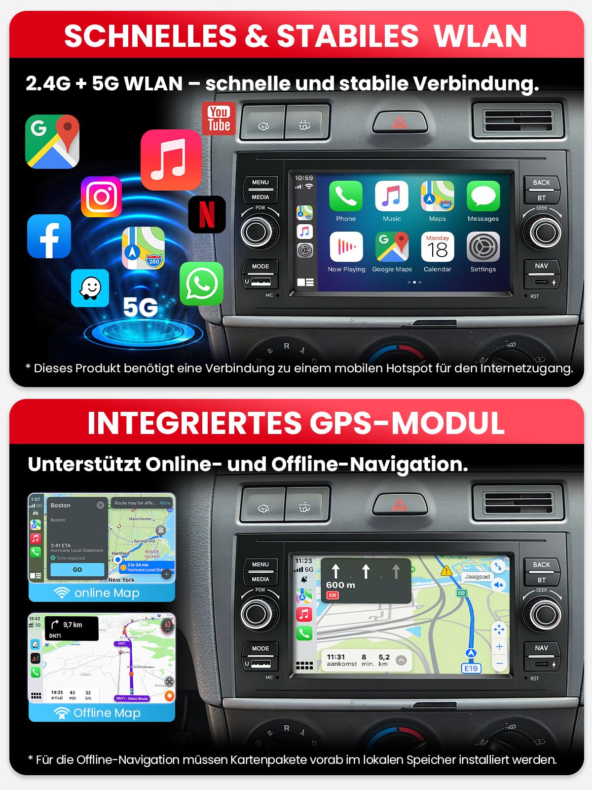 Doppel DIN Autoradio mit Bildschirm für Ford Transit Fiesta Focus Mondeo Kuga, Wireless CarPlay & Android Auto, 7" Auto Radio Touch Display, 4GB+64GB, Bluetooth 5GHz WiFi DAB+ FM AUX GPS