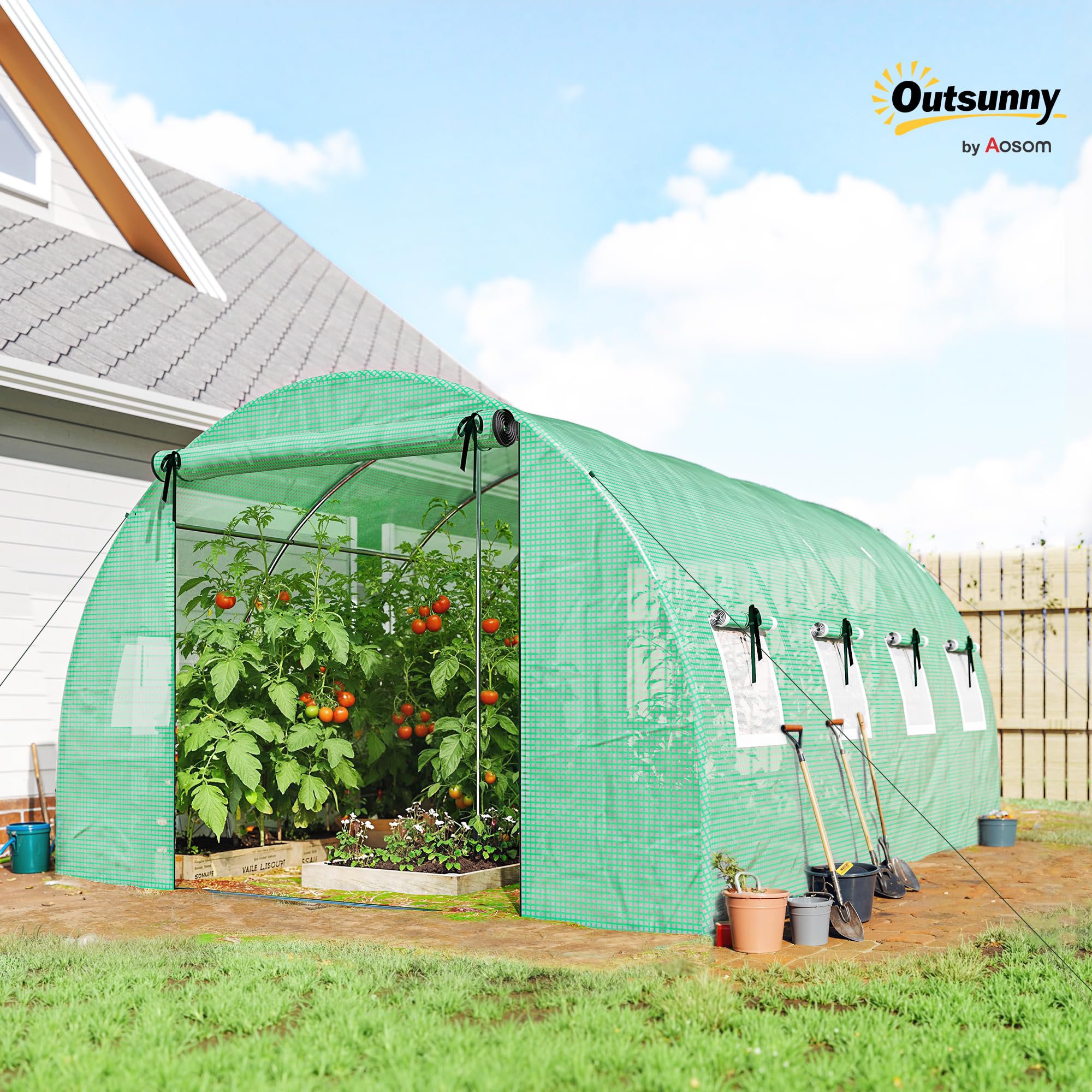 Outsunny Serre Tunnel de Jardin 12m², Serre de Jardin Tunnel 295x400x200cm avec Cadre en Acier galvanisé, 2 Portes et 8 fenêtres avec moustiquaires pour extérieur bâche PE Haute densité 140 g/m² Vert