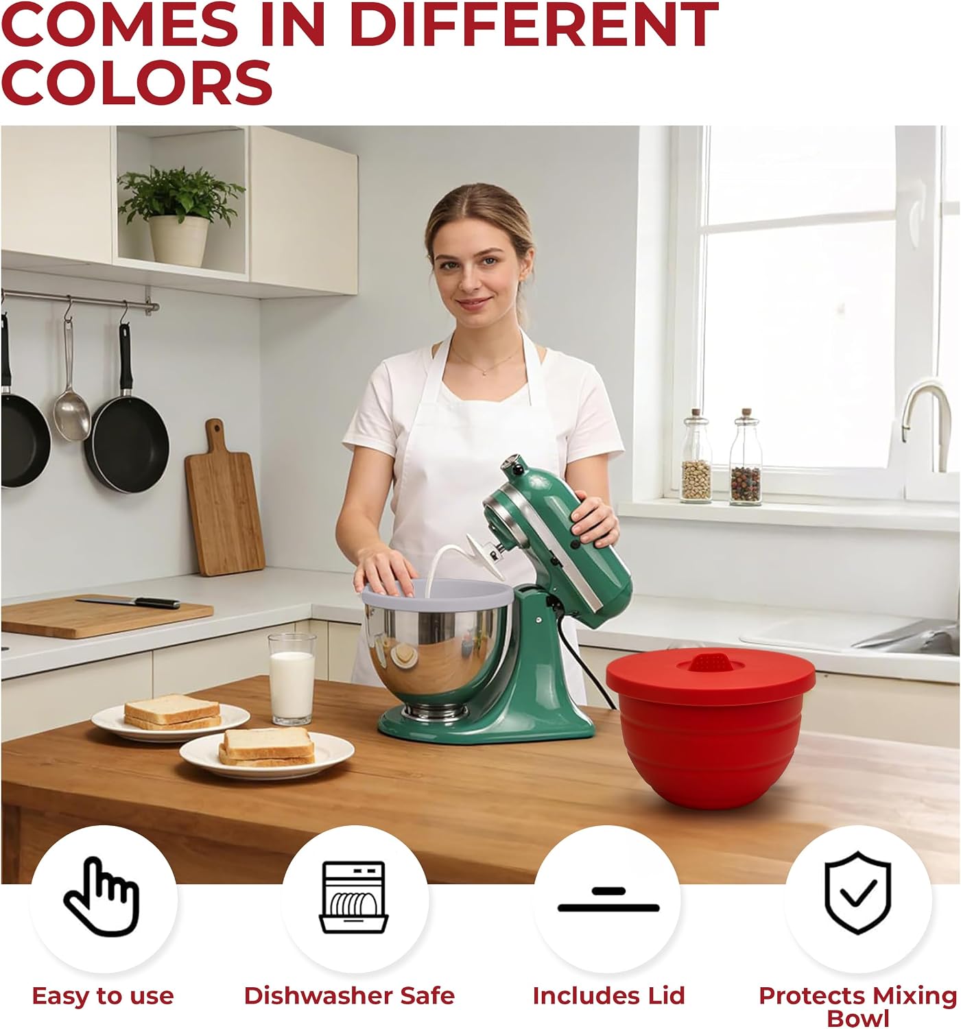 Helen's Choice Non-Sticky Extra Thick Silicone Bowl Liners for KitchenAid 5 Qt Stand Mixer – Reusable Silicone Inserts with Lids for Easy Dough Prep & Storage, Dishwasher Safe Food-Grade (Pack of 3)