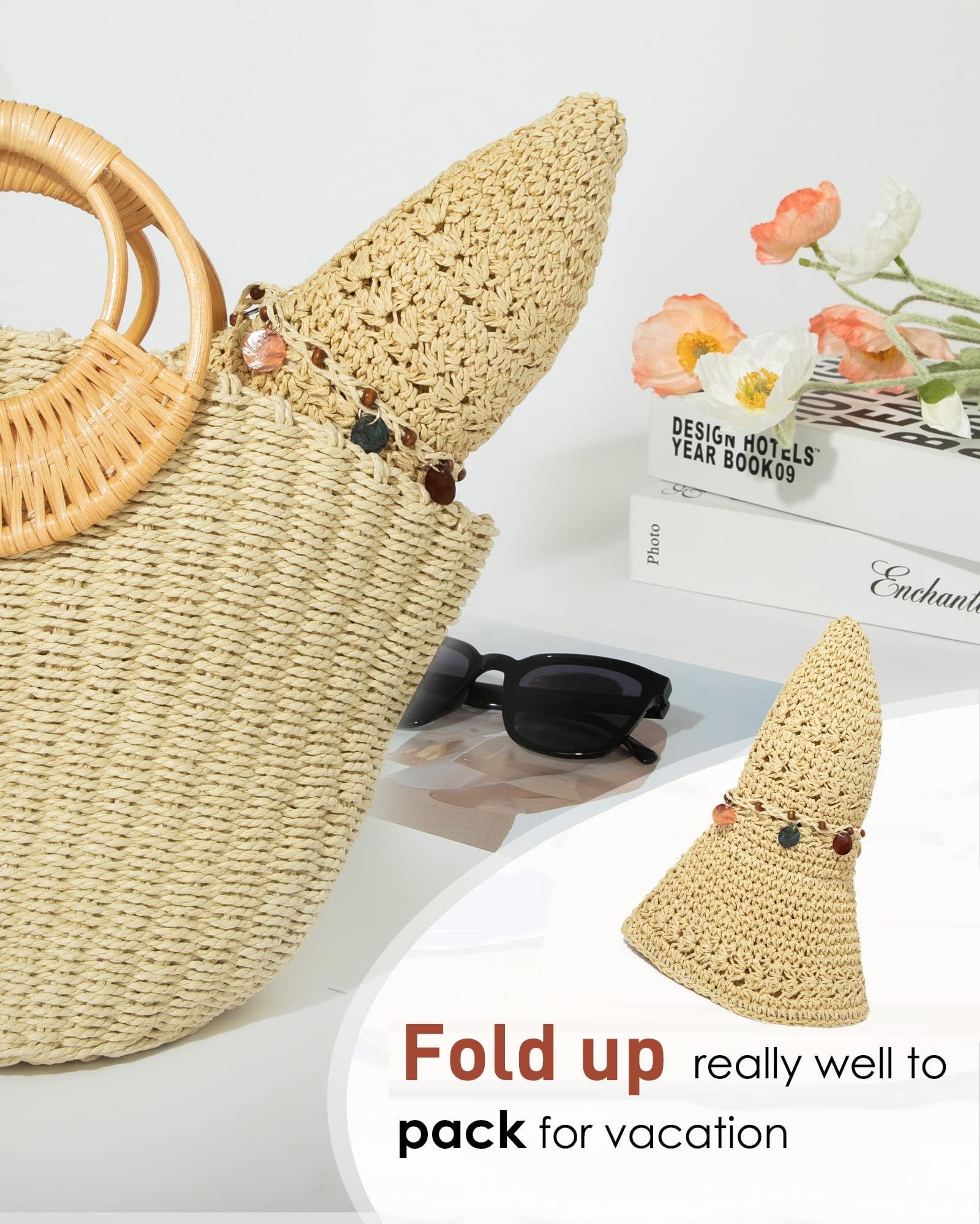 Comhats Chapeaux de soleil pour femme faits à la main Chapeau de paille pliable d'été Chapeau de plage Chapeau de protection UV