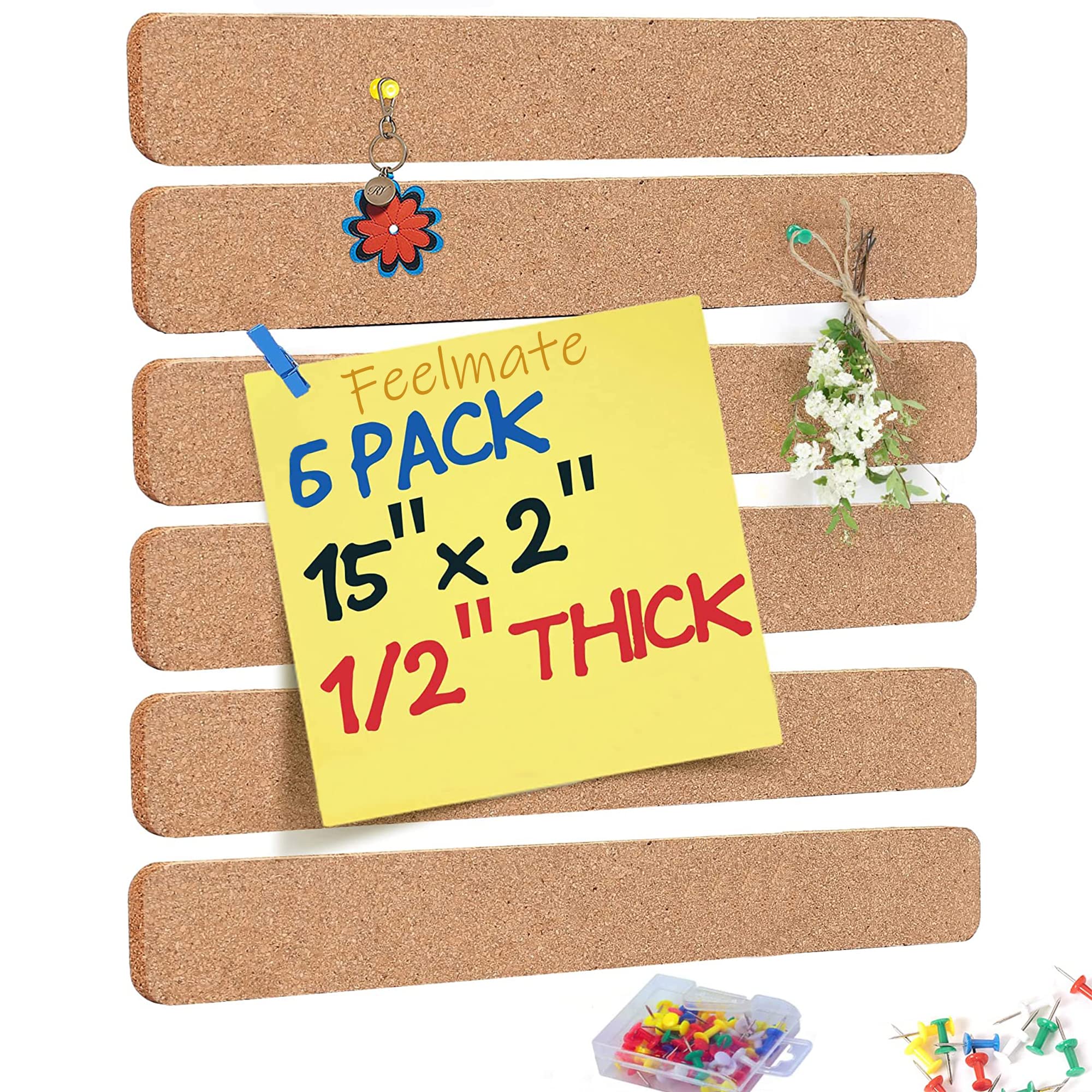 Feelmate Cork Board Tiles Self Adhesive Pin Board Bar Strips with 35 Pushpins, Lightweight Bulletin Board No Damage for Wall,for Paste Notes, Photos, Schedules, Announcements.