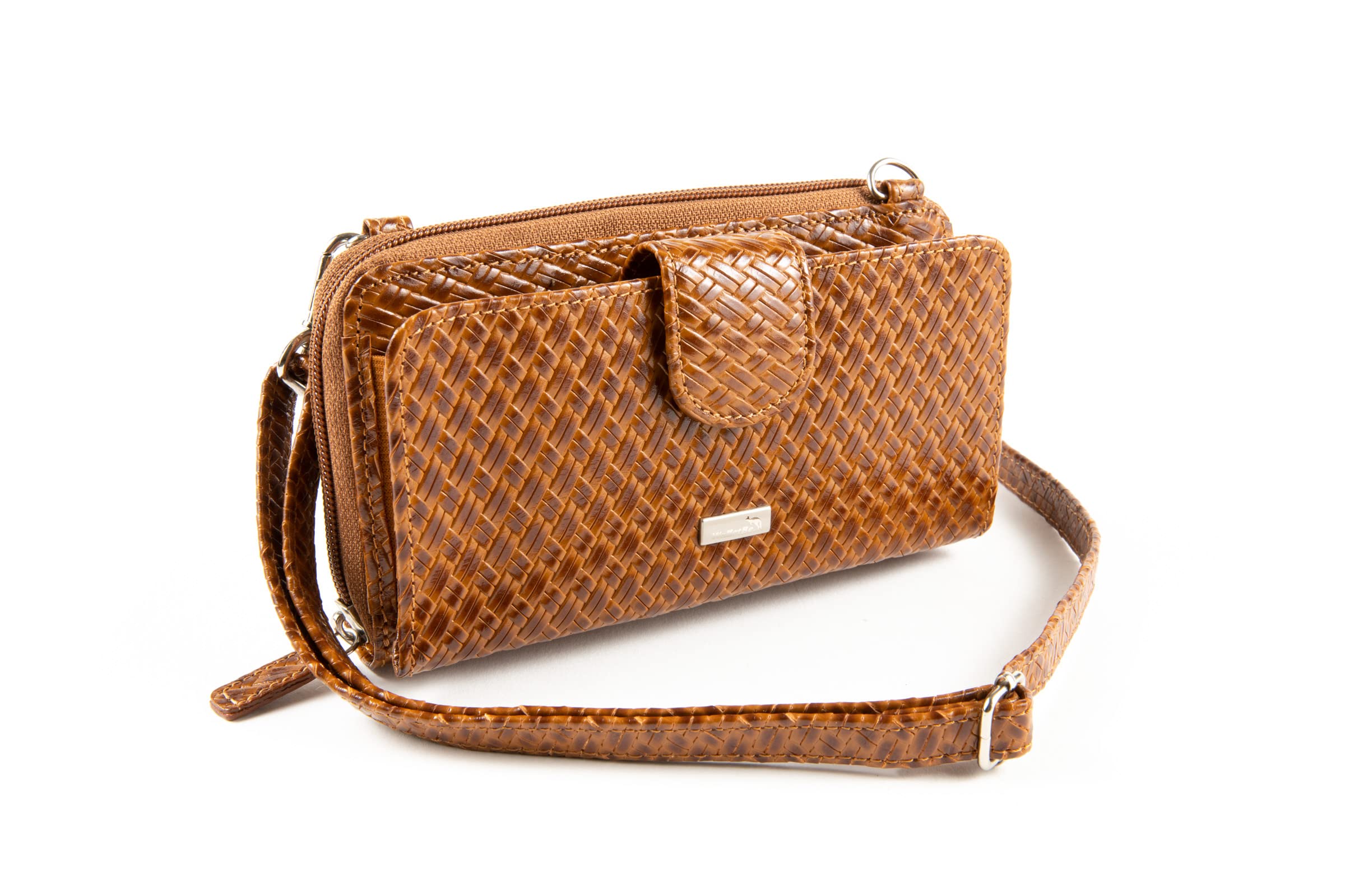 WalletBe Women's Wallet Woven Leather Crossbody Smartphone Purse with Straps RFID Cognac
