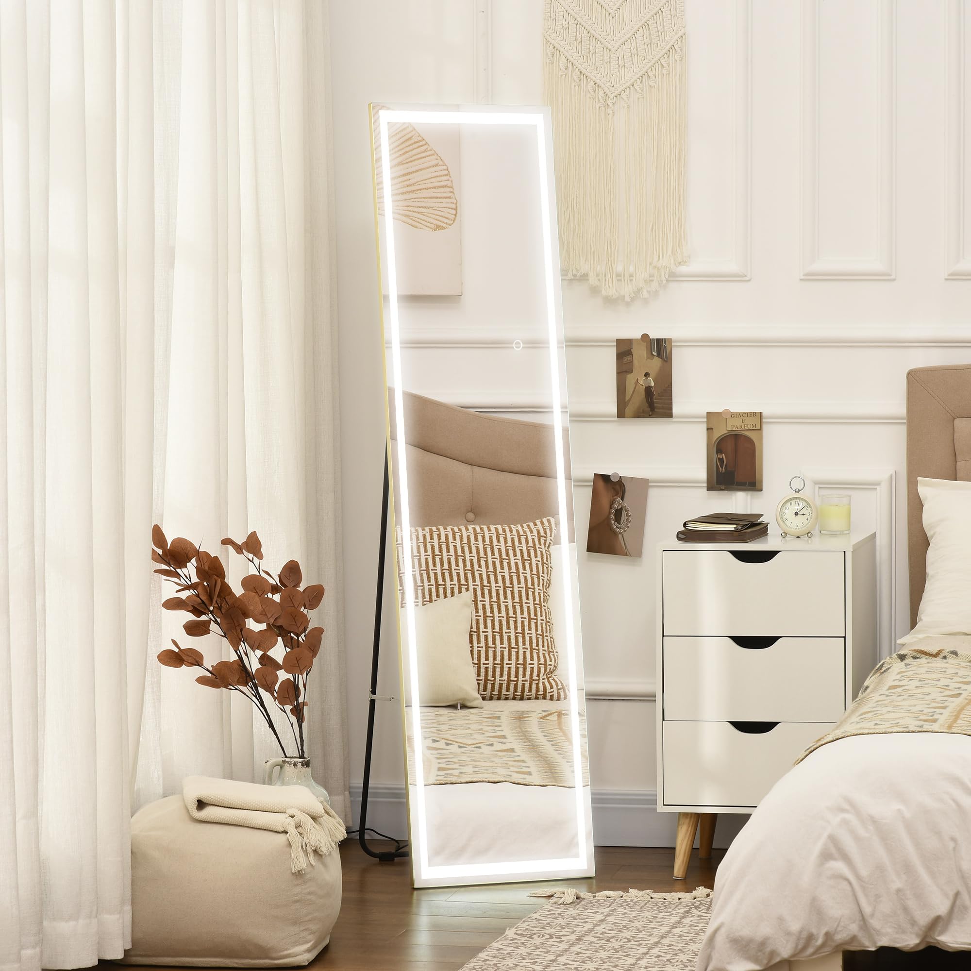 ZKIODV Staande Spiegel LED 160 x 50 cm, Lange Spiegel met Verlichting, Grote LED Wandspiegel, Volledige Lengte Passpiegel met Standaard, Vrijstaande Vloerspiegel voor Woonkamer Hal (Zwart