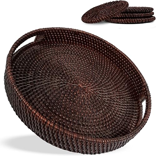 Bandeja redonda de ratán de 11.8 pulgadas, bandeja redonda grande para servir con 4 posavasos, elegante decoración de bandeja de mesa auxiliar, 5