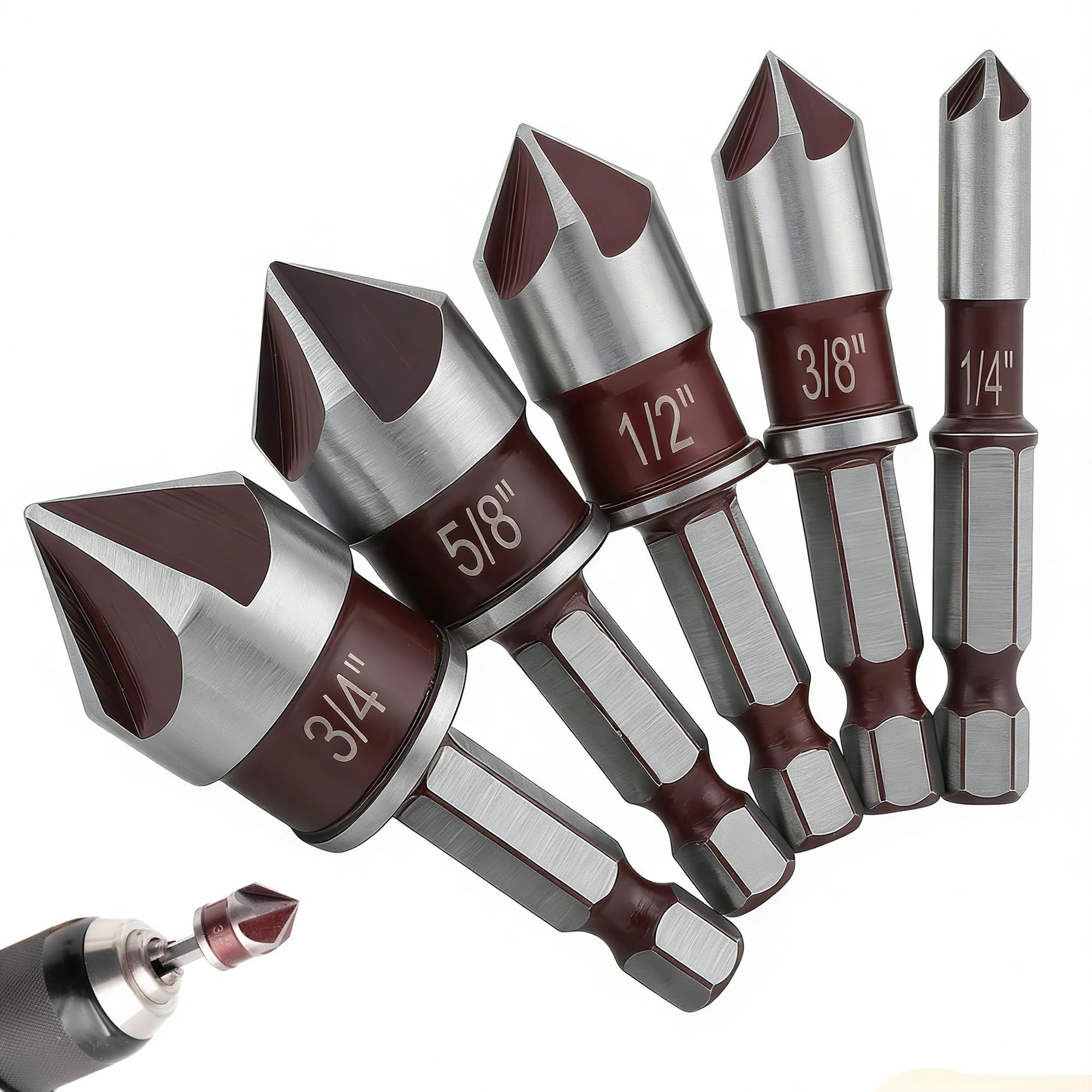 Juego de 5 Brocas de Avellanador, Herramientas de Biselado de 5 Canales y 82° con Vástago Hexagonal de 1/4 Pulgada - Brocas de Acero de Alta Velocidad para Metal, Madera, Plástico y Aluminio
