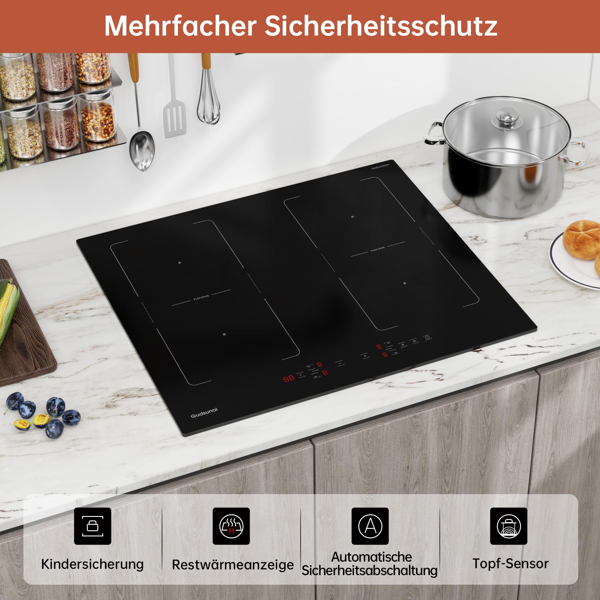 Induktionskochfeld 60 cm mit zwei Flexzonen, 7200W, 4-Zonen-Induktionskochplatte mit kontinuierlicher Niedrigleistungsheizung, Boost, 9 Heizstufen, Timer, automatische Abschaltung