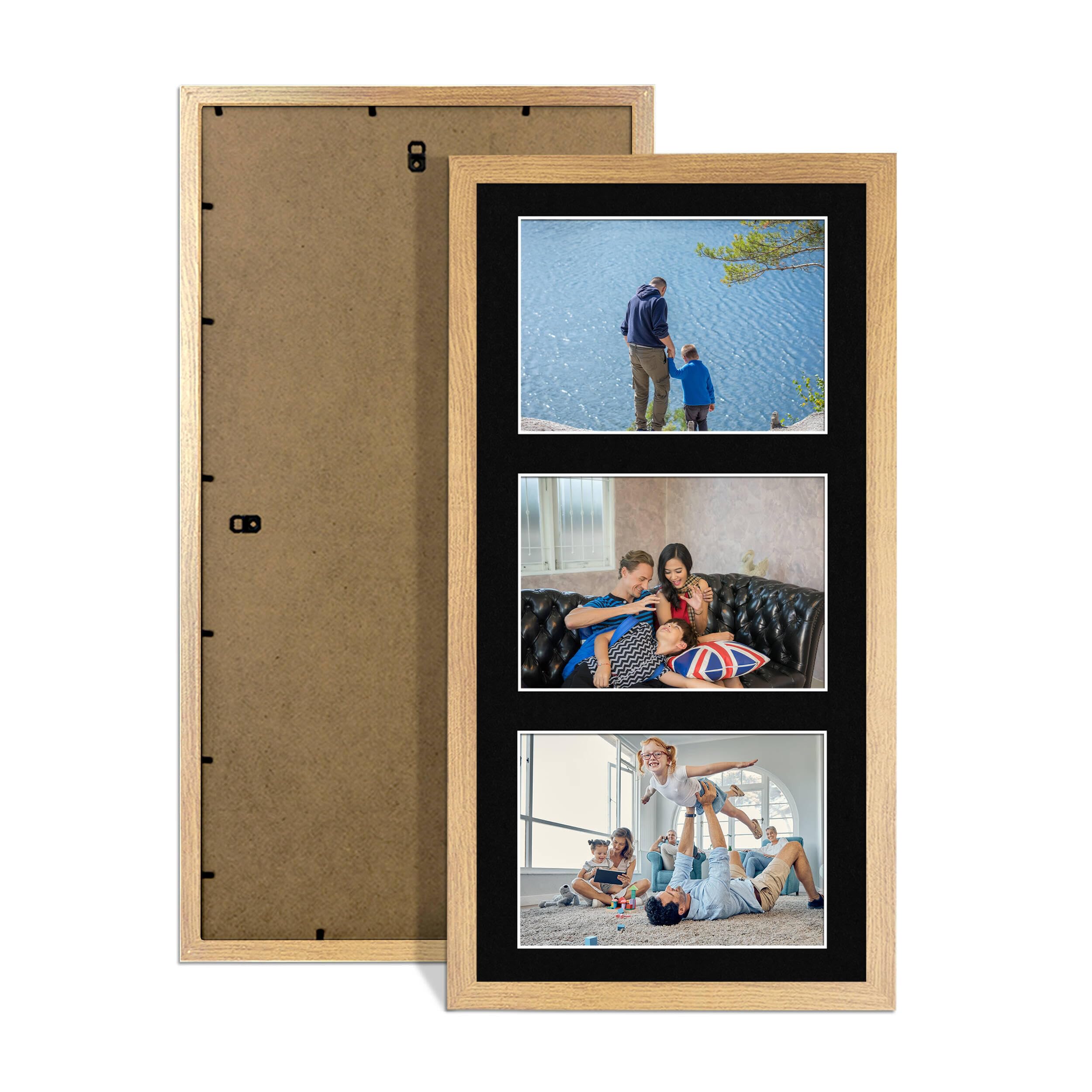 Alison Kingsgate Oak 40x20cm Photo frames for multiple pictures - 3 Apertures Collage Frame with Black Mount - Holds (3x) 6x4 Photos - Engineered Wood & Perspex