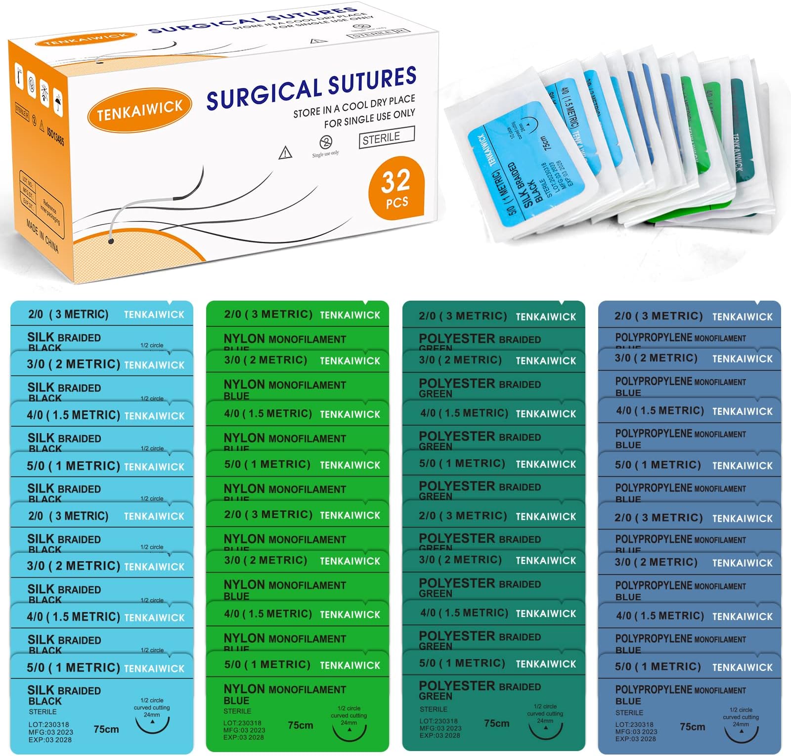 32 Packs Sutures Thread with Needle,Mixed Sutures, Training Threads (Non-Absorbable: Nylon, Polyester, Polypropylene,Silk,4 Material) for Practicing Suturing can be Used for Suture Pads, Fruit peels